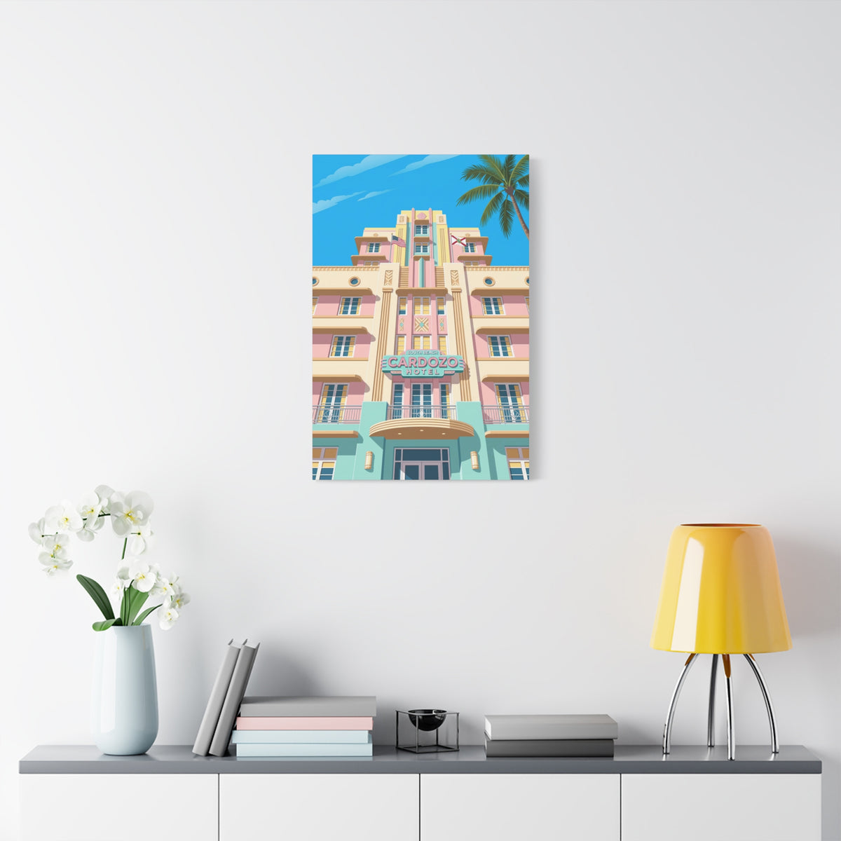 Art Deco Beach Hotel Canvas — Miami Palm Retro Stretched Wall Art