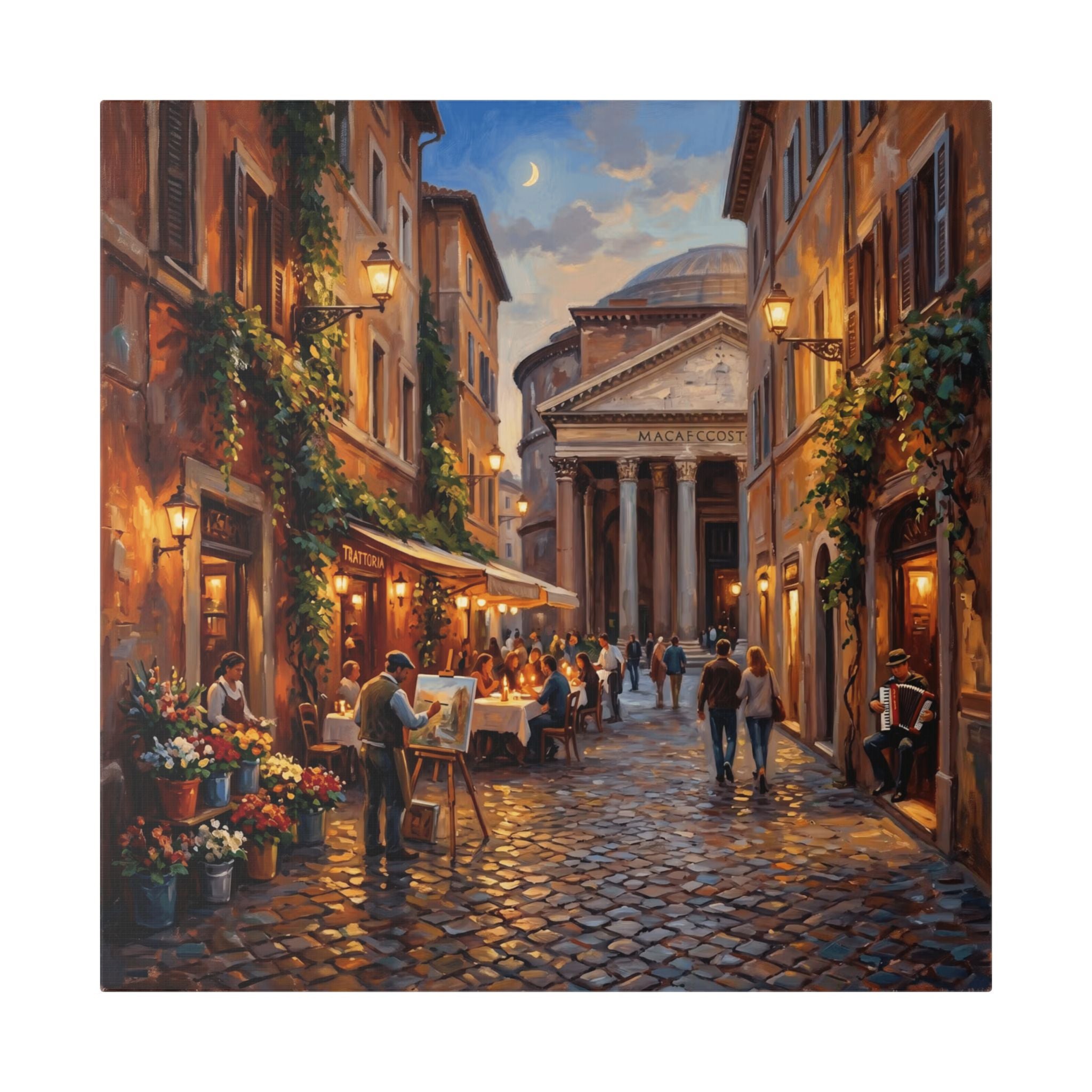 Romantic European Street Canvas — Evening Cafe by the Pantheon