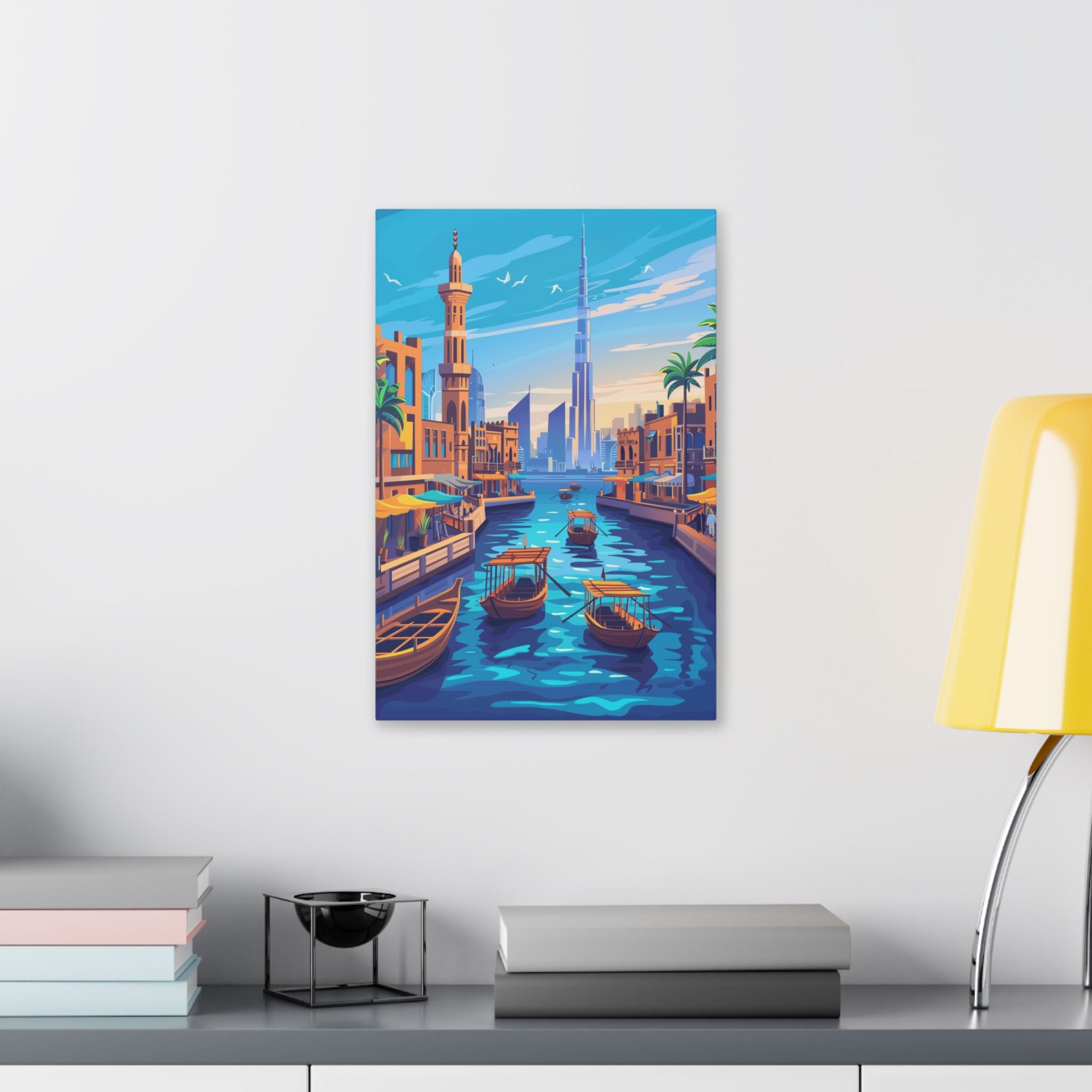Dubai Creek Cityscape Canvas – Colorful Dubai Skyline Stretched Wall Art