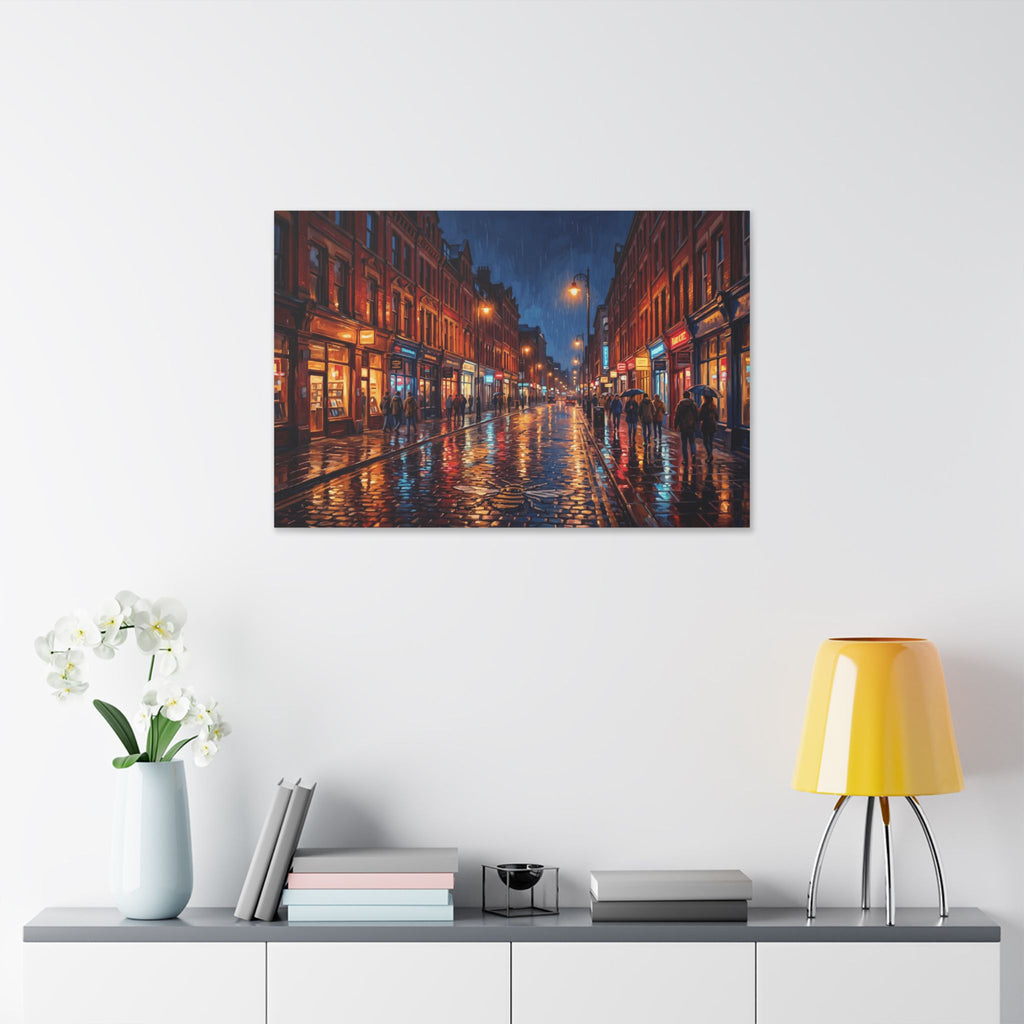 Manchester Northern Quarter - Rainy City Street Canvas Print — Evening Urban Landscape Wall Art