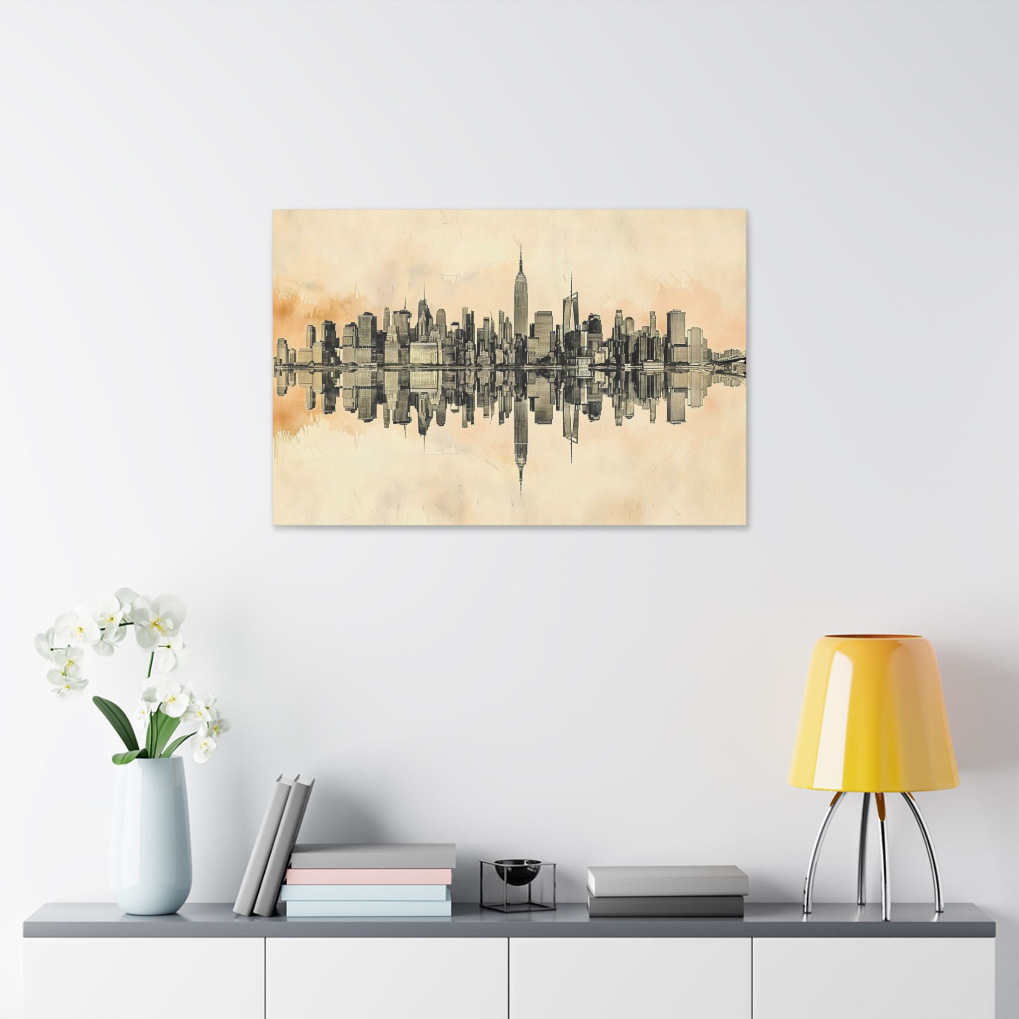 New York City Skyline Canvas Print — Sepia Watercolor Mirror Reflection Wall Art