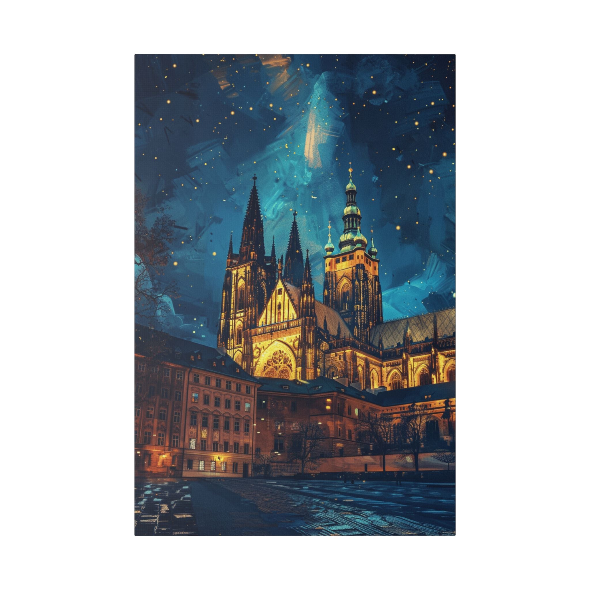 Prague Cathedral Night Skyline Stretched Canvas — Starry Urban Architecture Wall Art