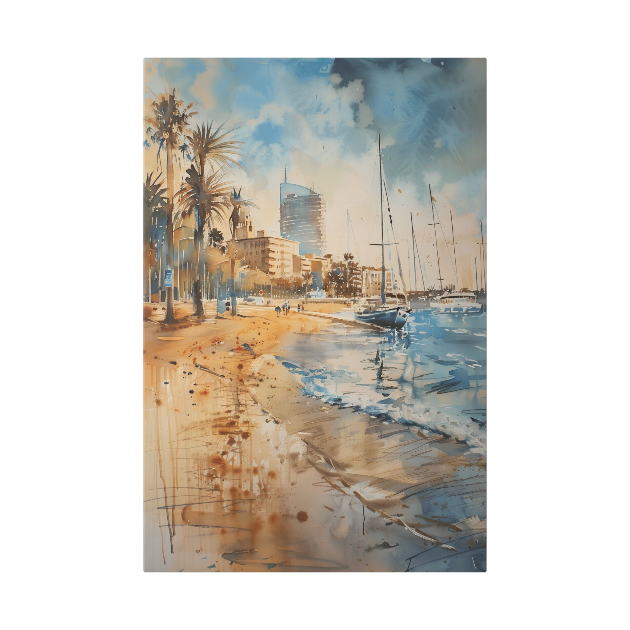 Barcelona Coastal Harbor Beach Stretched Canvas — Seaside Watercolor Wall Art