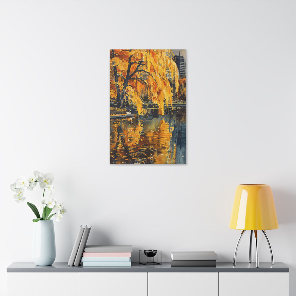 Boston Skyline with Hancock Tower in the background -Autumn Cityscape Canvas - Golden Willow Lake Stretched Wall Art