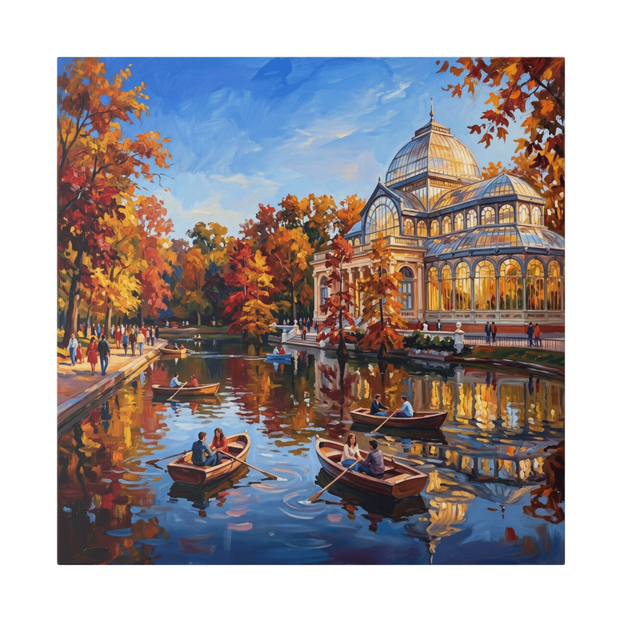 Madrid Retiro Park - Autumn Evening Rowboats — Stretched Canvas Wall Art