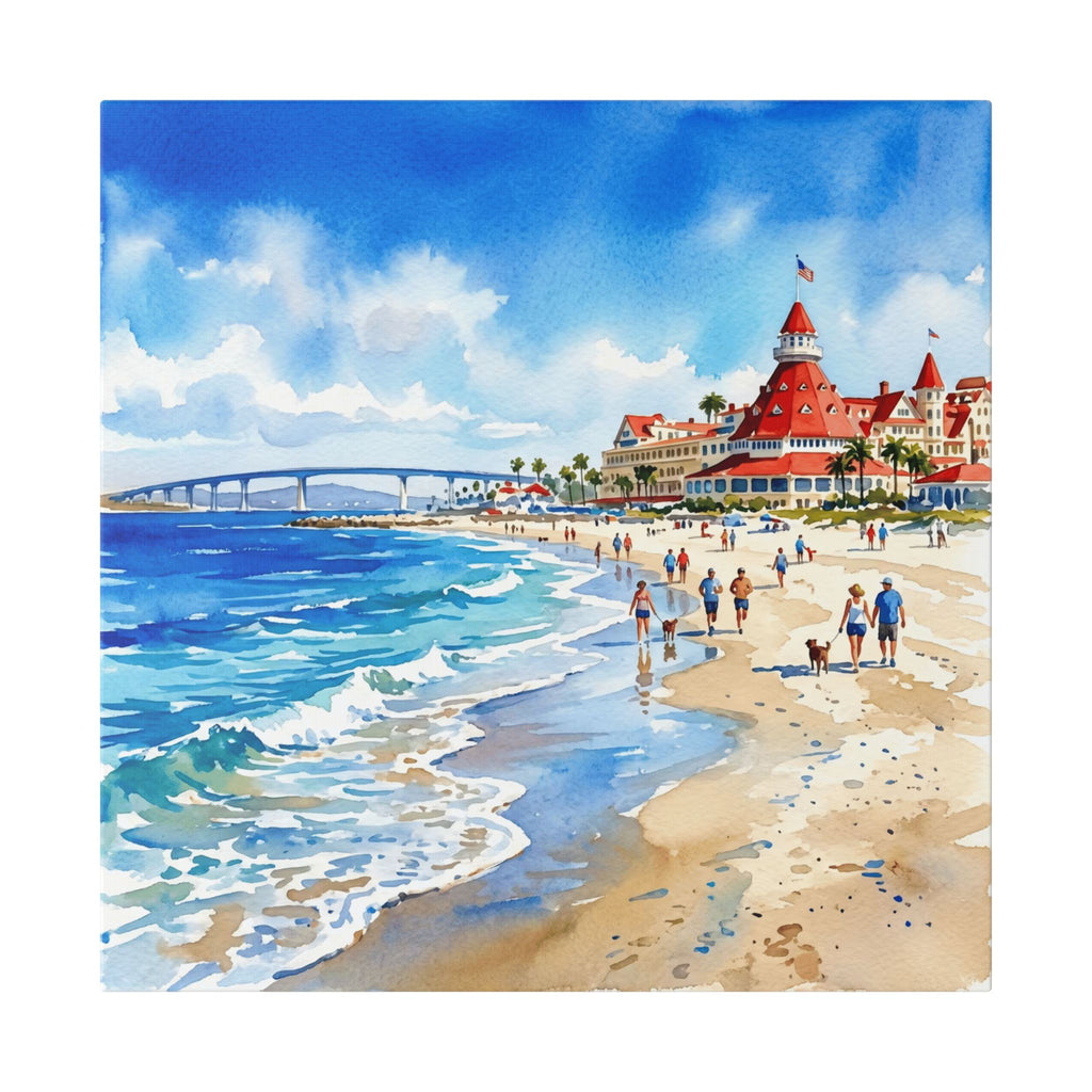 San Diego - Coronado Beach - Coastal Beachfront Hotel Canvas — Vibrant Seaside Watercolor Wall Art