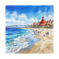 San Diego - Coronado Beach - Coastal Beachfront Hotel Canvas — Vibrant Seaside Watercolor Wall Art