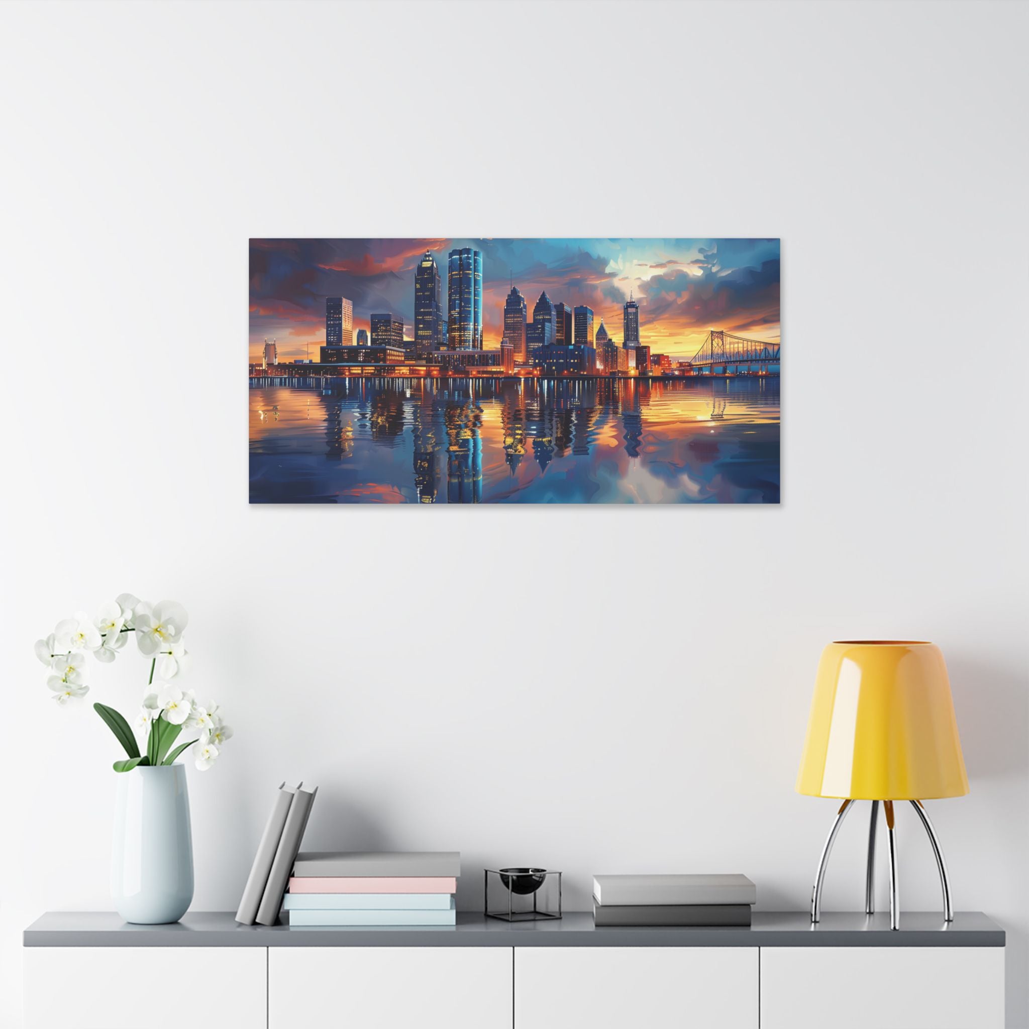 Detroit Skyline - Detroit River - Ambassador Bridge - Cityscape Reflection Canvas Print — Vibrant Skyline Wall Art