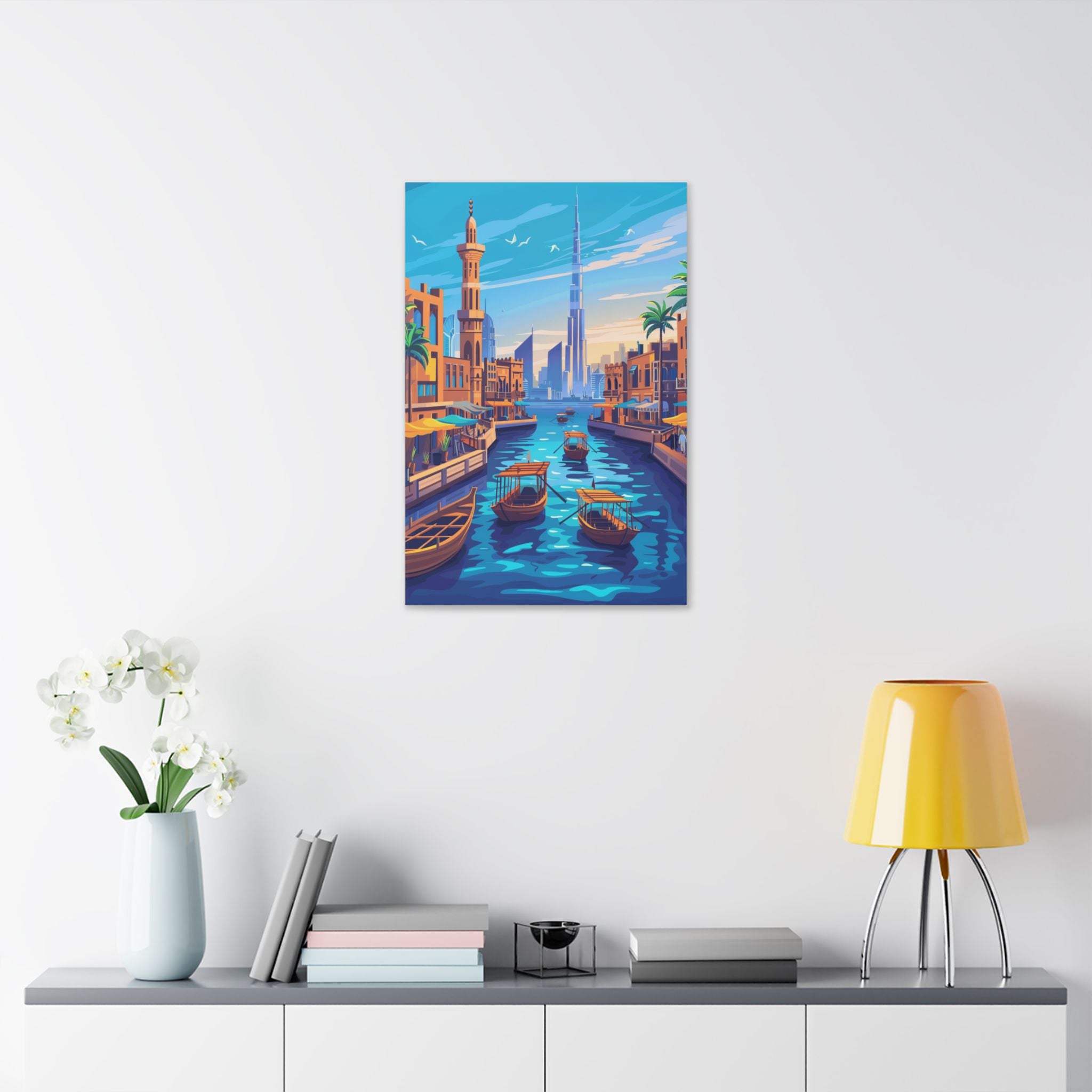 Dubai Creek Cityscape Canvas – Colorful Dubai Skyline Stretched Wall Art