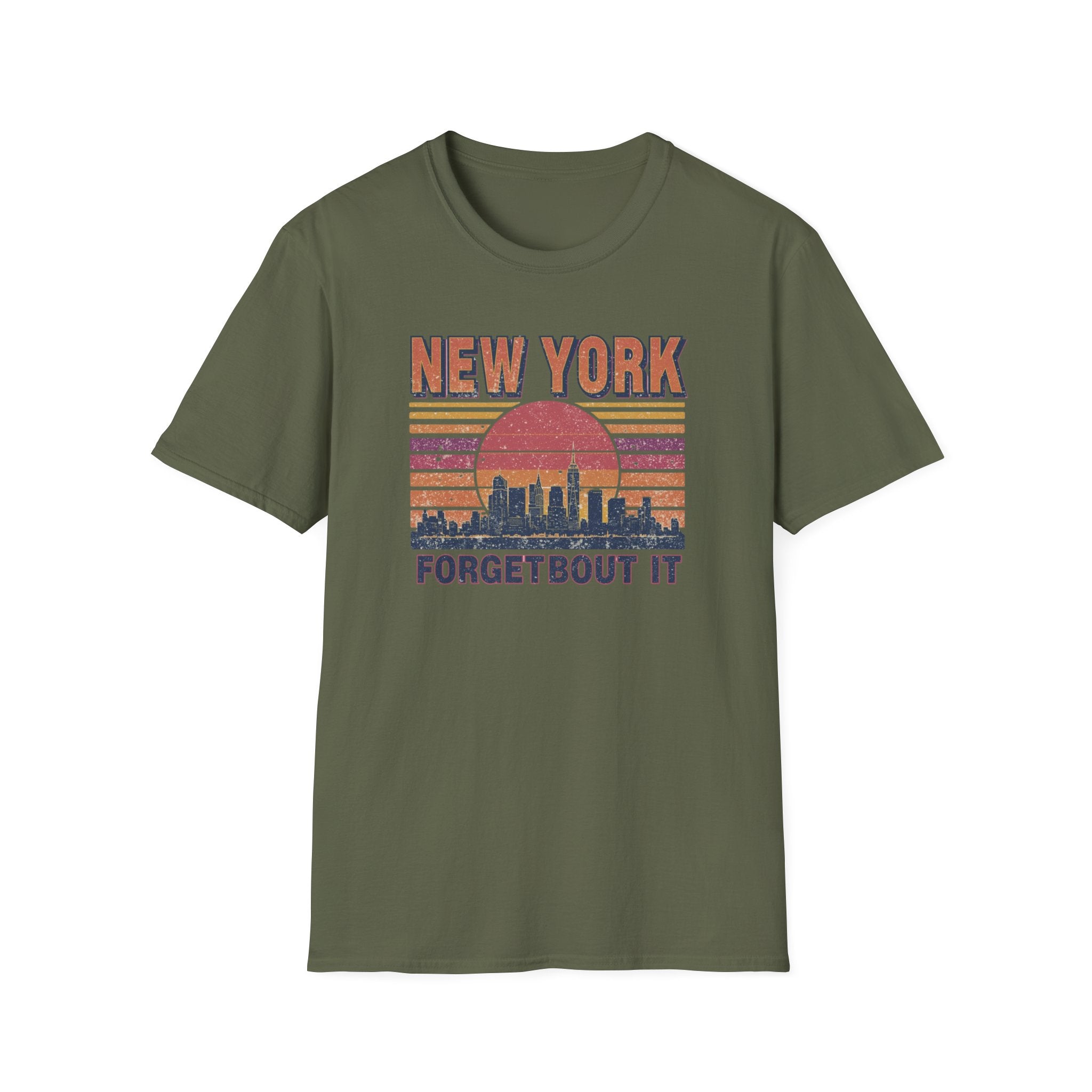 New York Skyline T‑Shirt – “Forgetbout It” Vintage Sunset Tee