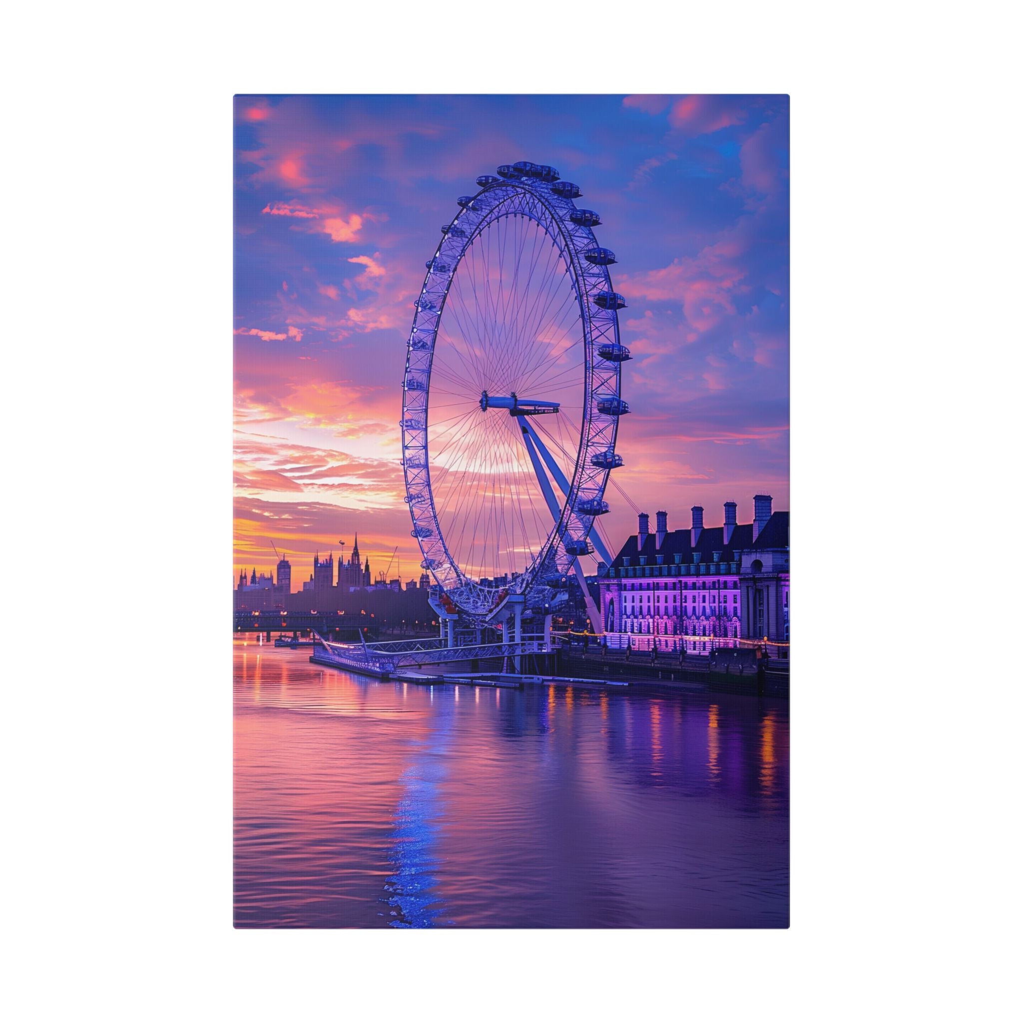 London Eye Sunset Canvas Wall Art — Purple Sunrise Cityscape Stretched Canvas