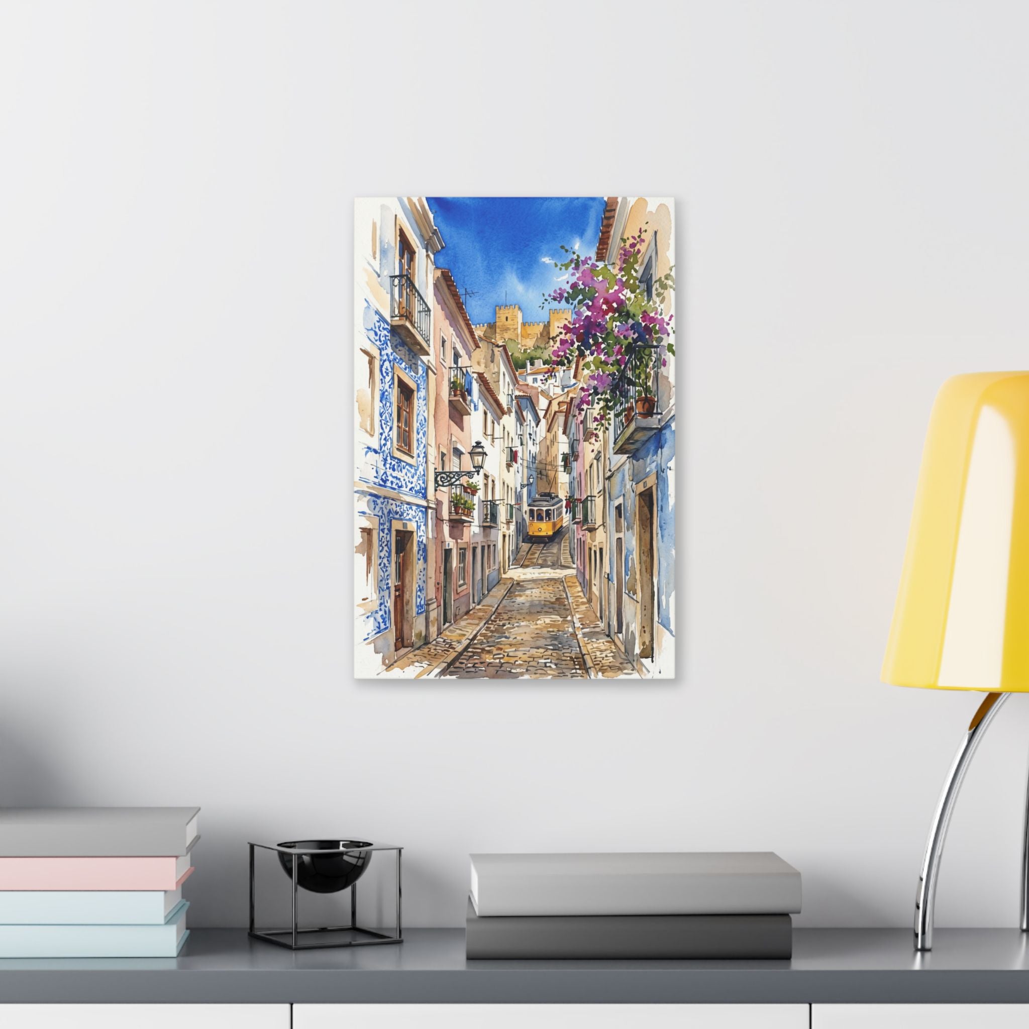 Lisbon Street Watercolor Canvas Print — Classic European Alley Travel Wall Art