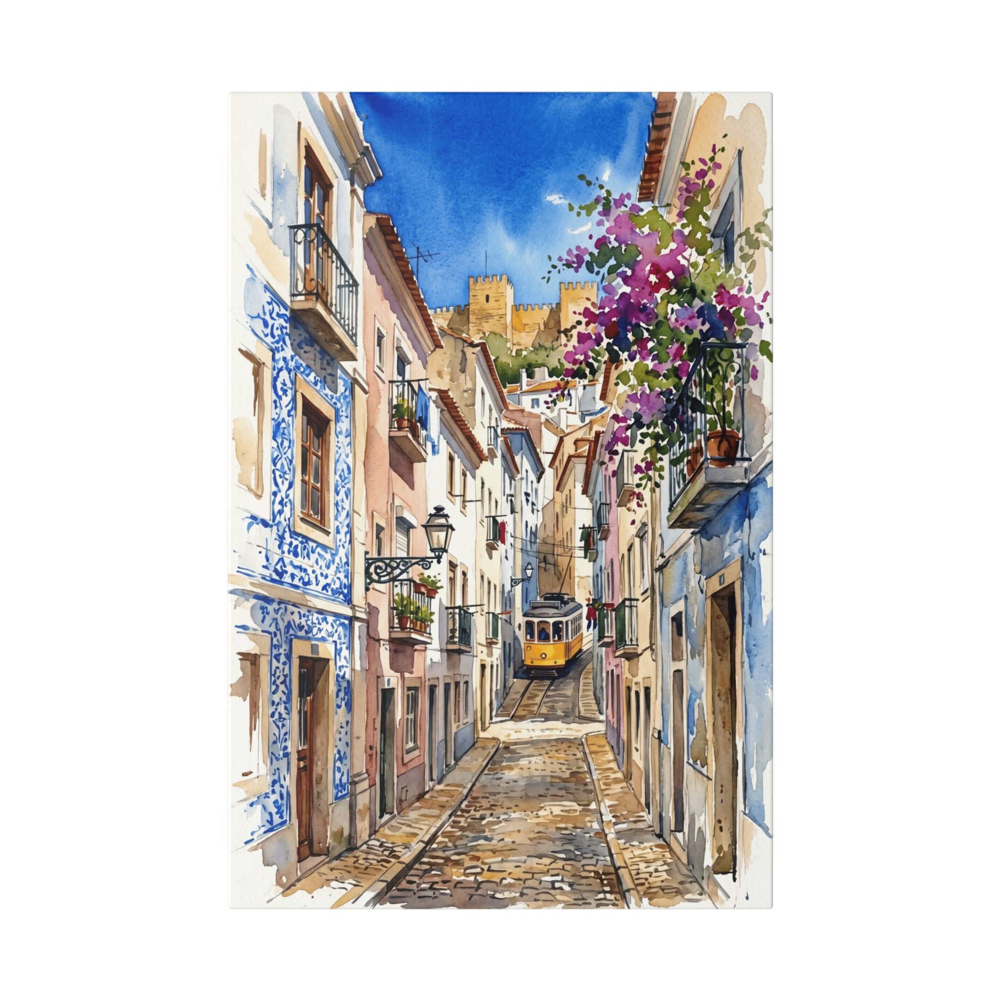 Lisbon Street Watercolor Canvas Print — Classic European Alley Travel Wall Art