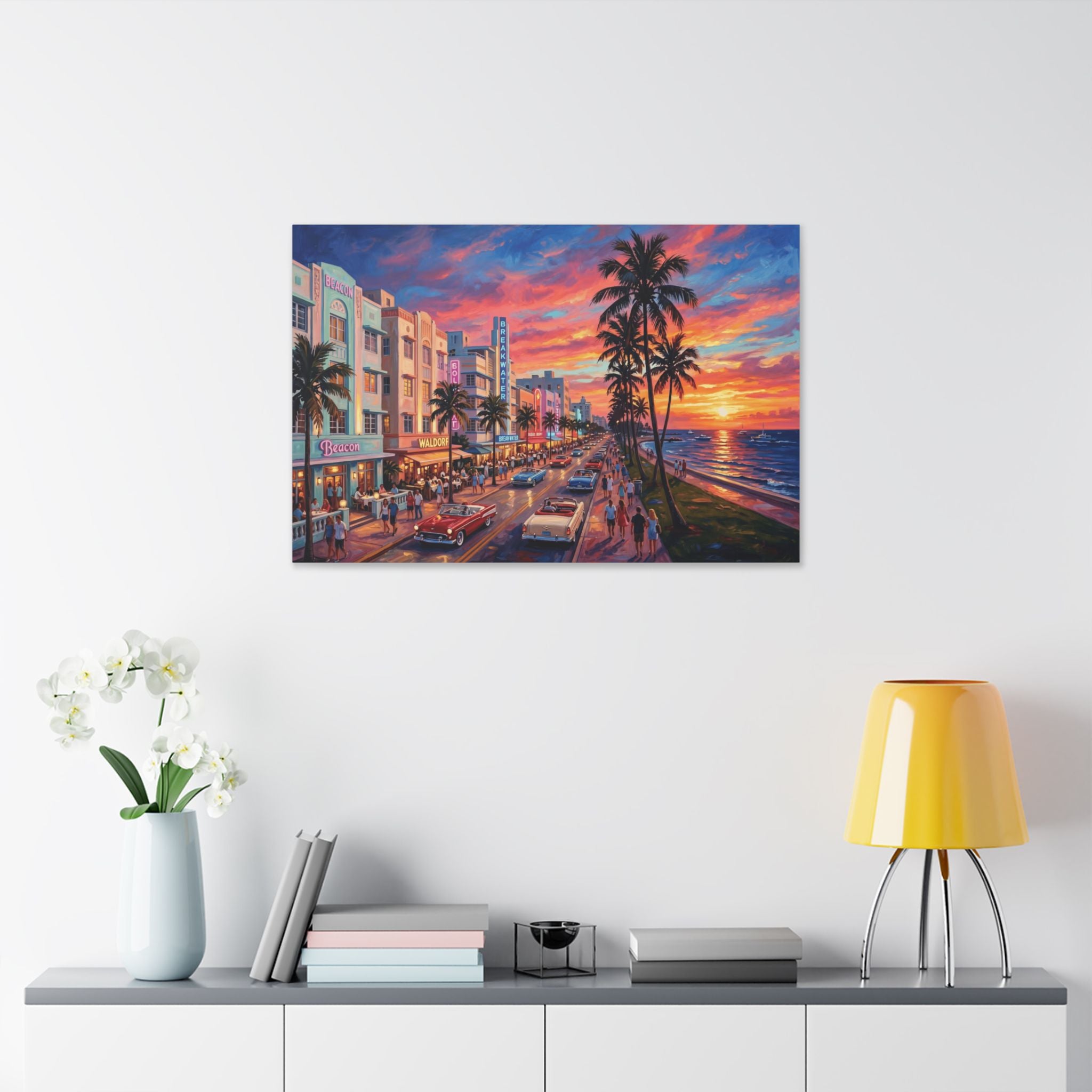Miami Beach Sunset Canvas Print — Retro Ocean Drive Wall Art