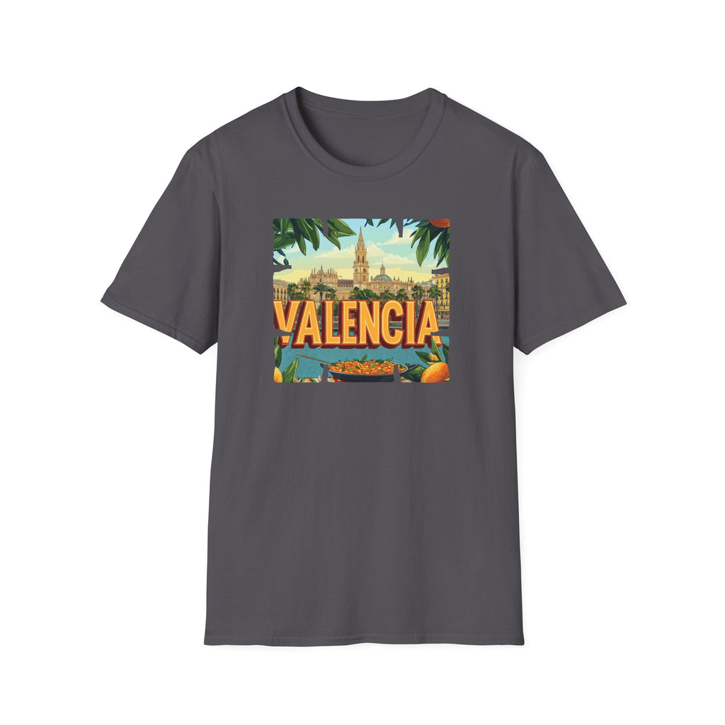 Valencia vintage travel postcard T-Shirt | Spain city skyline, oranges, palm leaves