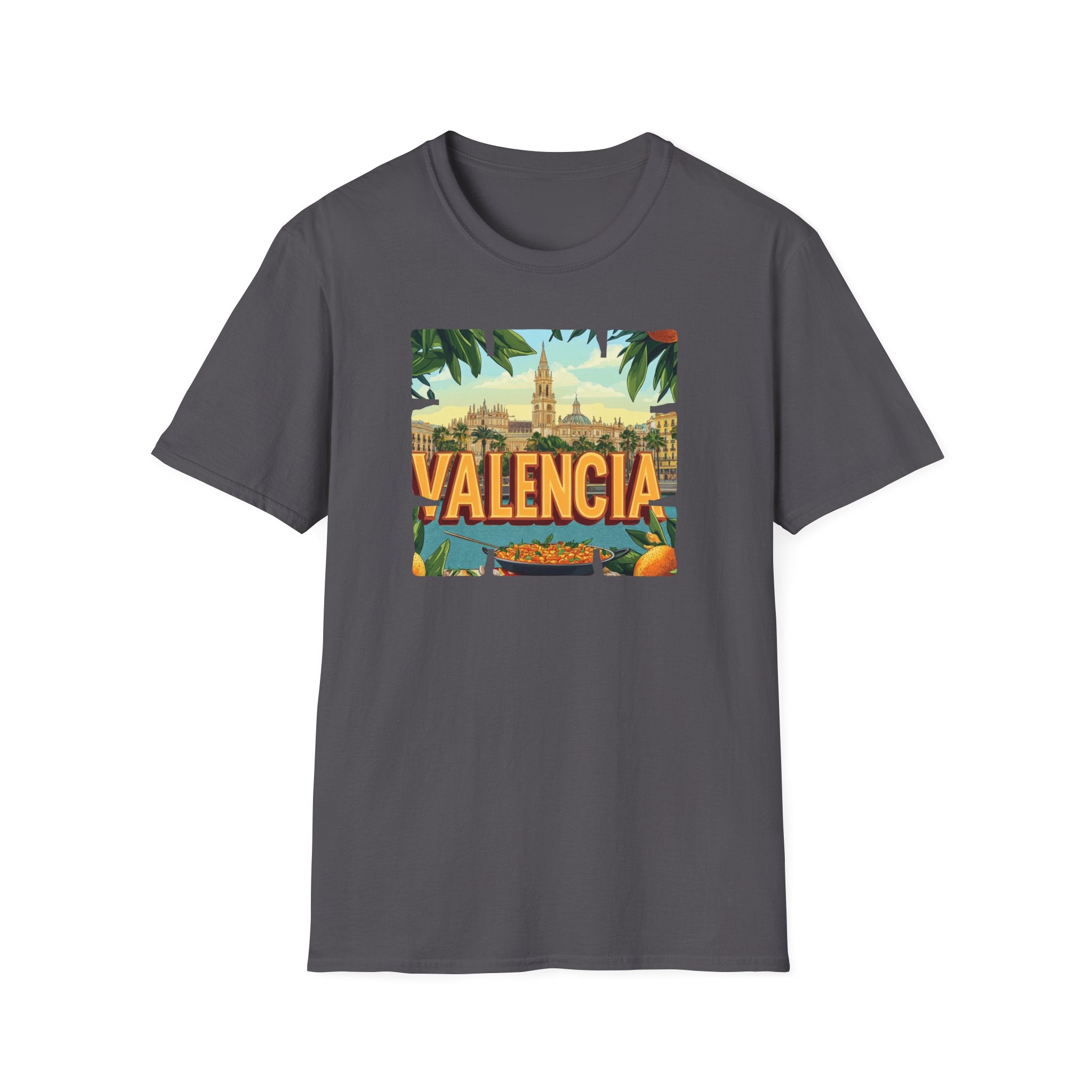 Valencia vintage travel postcard T-Shirt | Spain city skyline, oranges, palm leaves