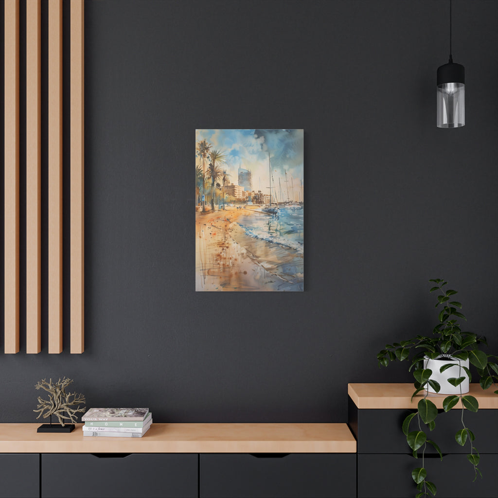 Barcelona Harbour - Mediterranean Seaside Palm Beach Canvas — Coastal Watercolor Stretched Wall Art