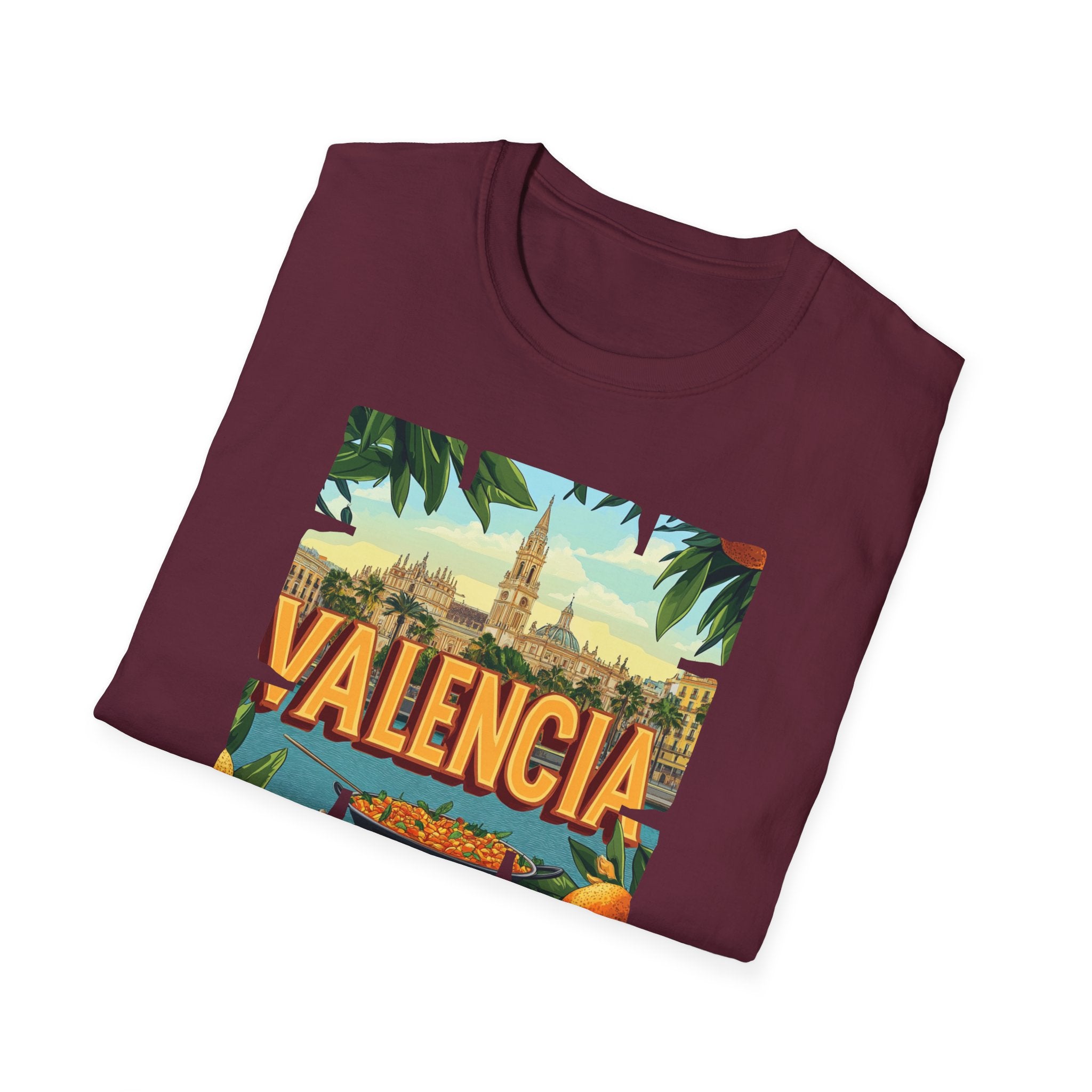 Valencia vintage travel postcard T-Shirt | Spain city skyline, oranges, palm leaves