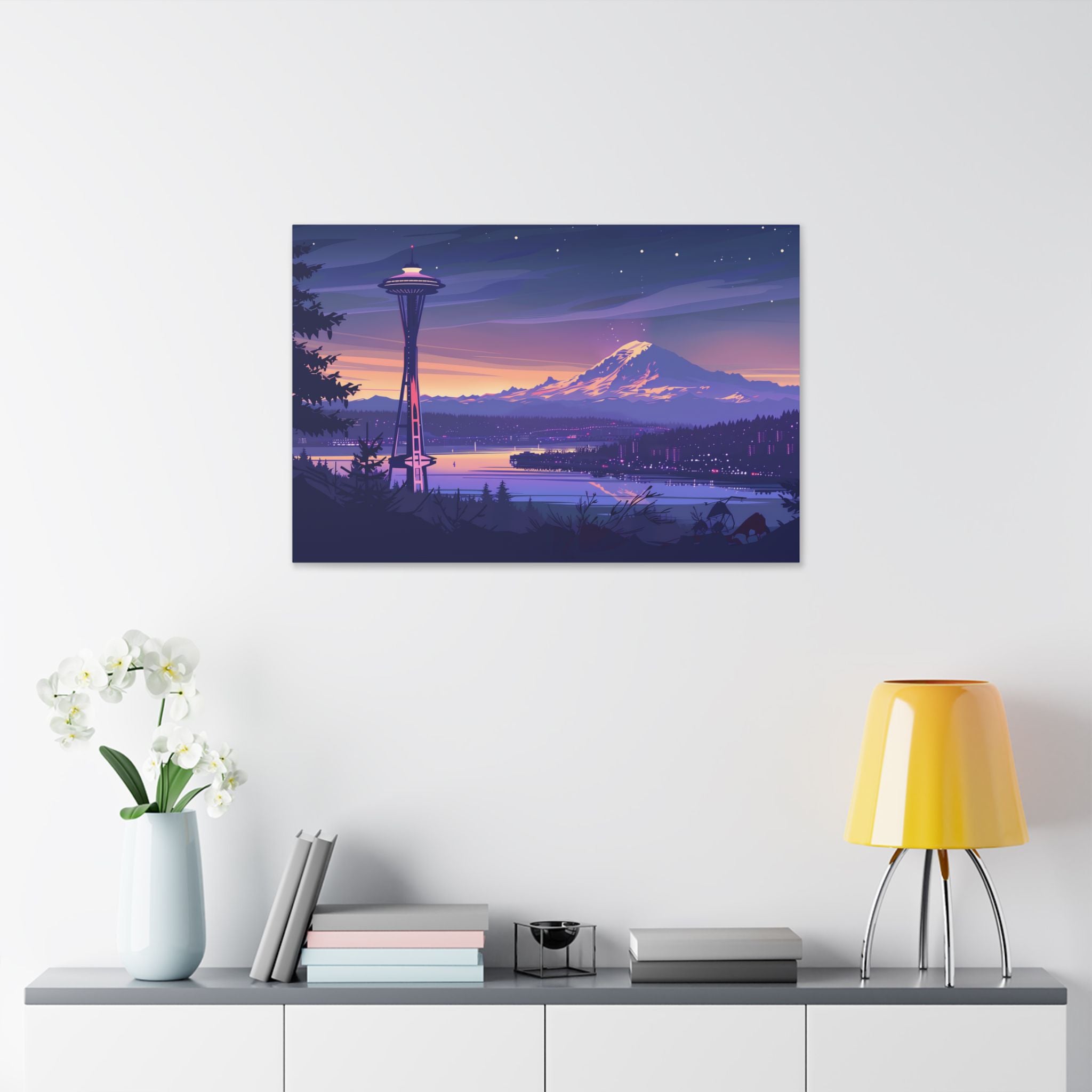Seattle Sunset Canvas Wall Art — Space Needle & Mount Rainier Landscape Print