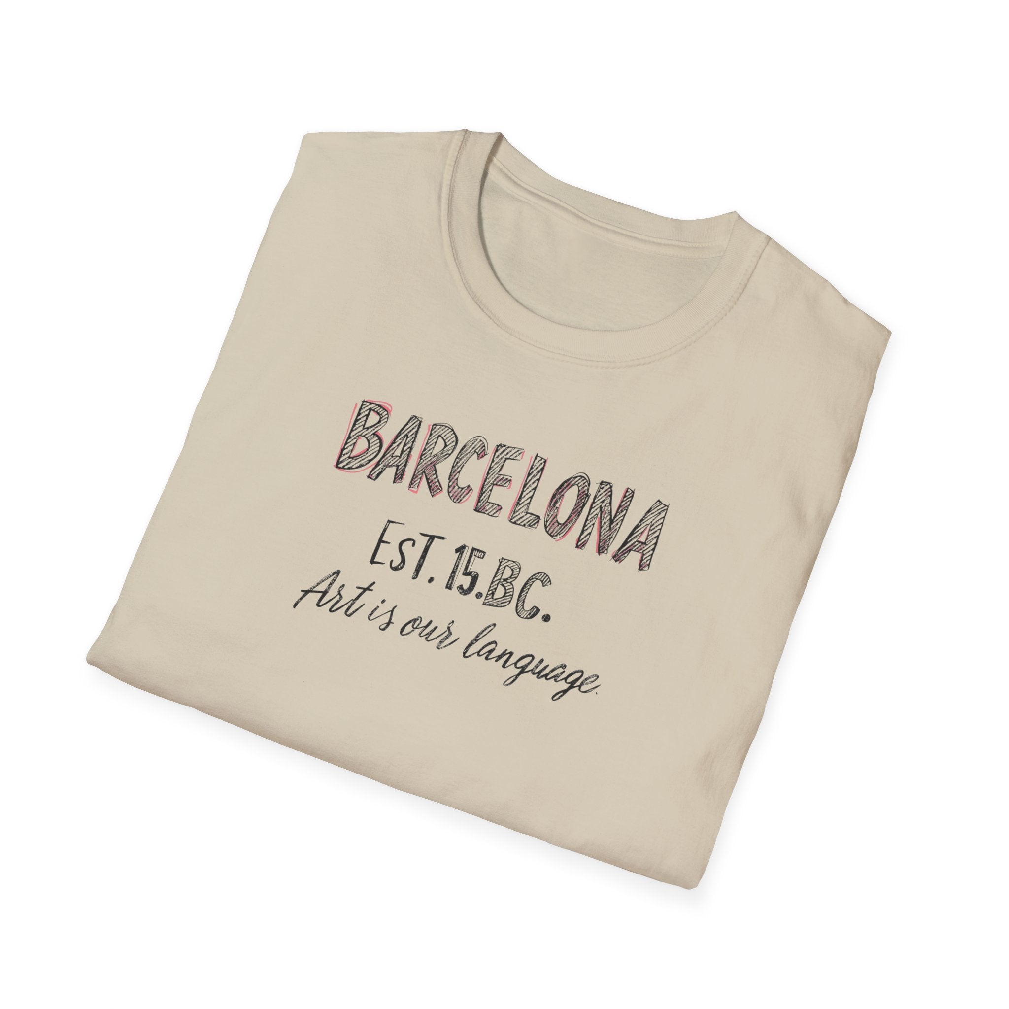 Barcelona Est. 15 B.C. T-Shirt – Vintage Travel Tee with "Art is our language" Script
