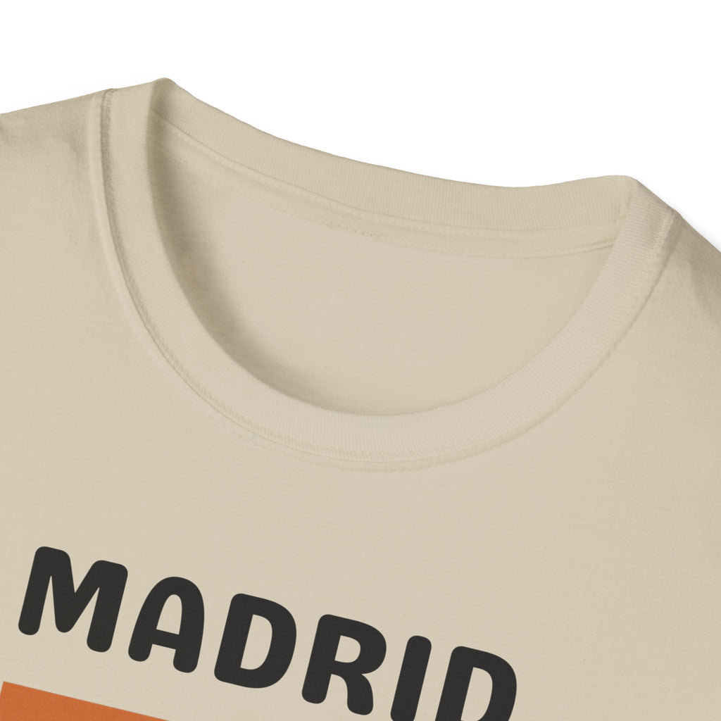 Madrid Retro Stripes T-Shirt | Vintage City Typography, Earth Tone Bars