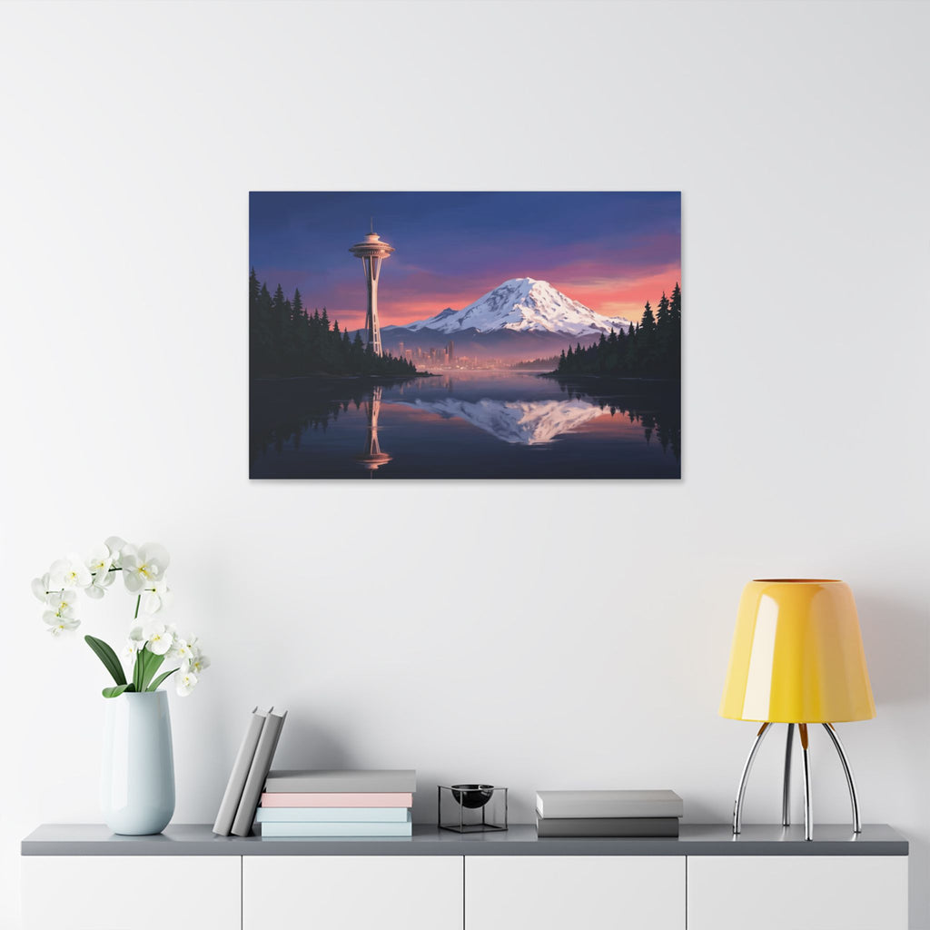Seattle Sunset Canvas Print — Mount Rainier & Space Needle Reflection Wall Art