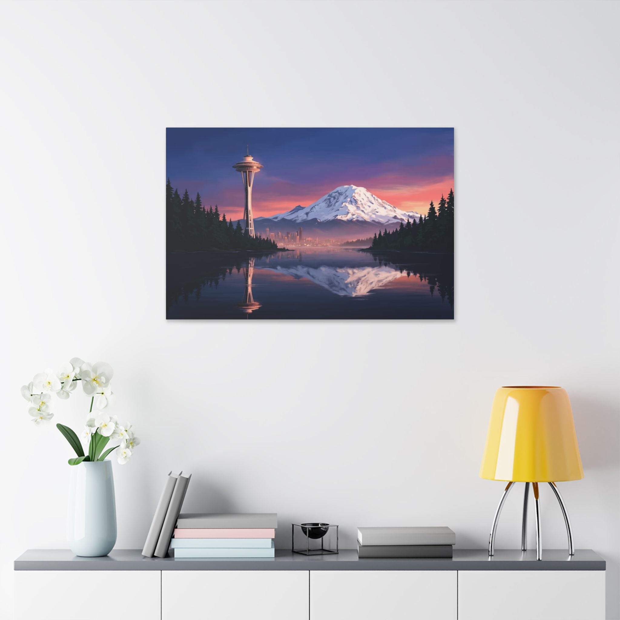 Seattle Sunset Canvas Print — Mount Rainier & Space Needle Reflection Wall Art