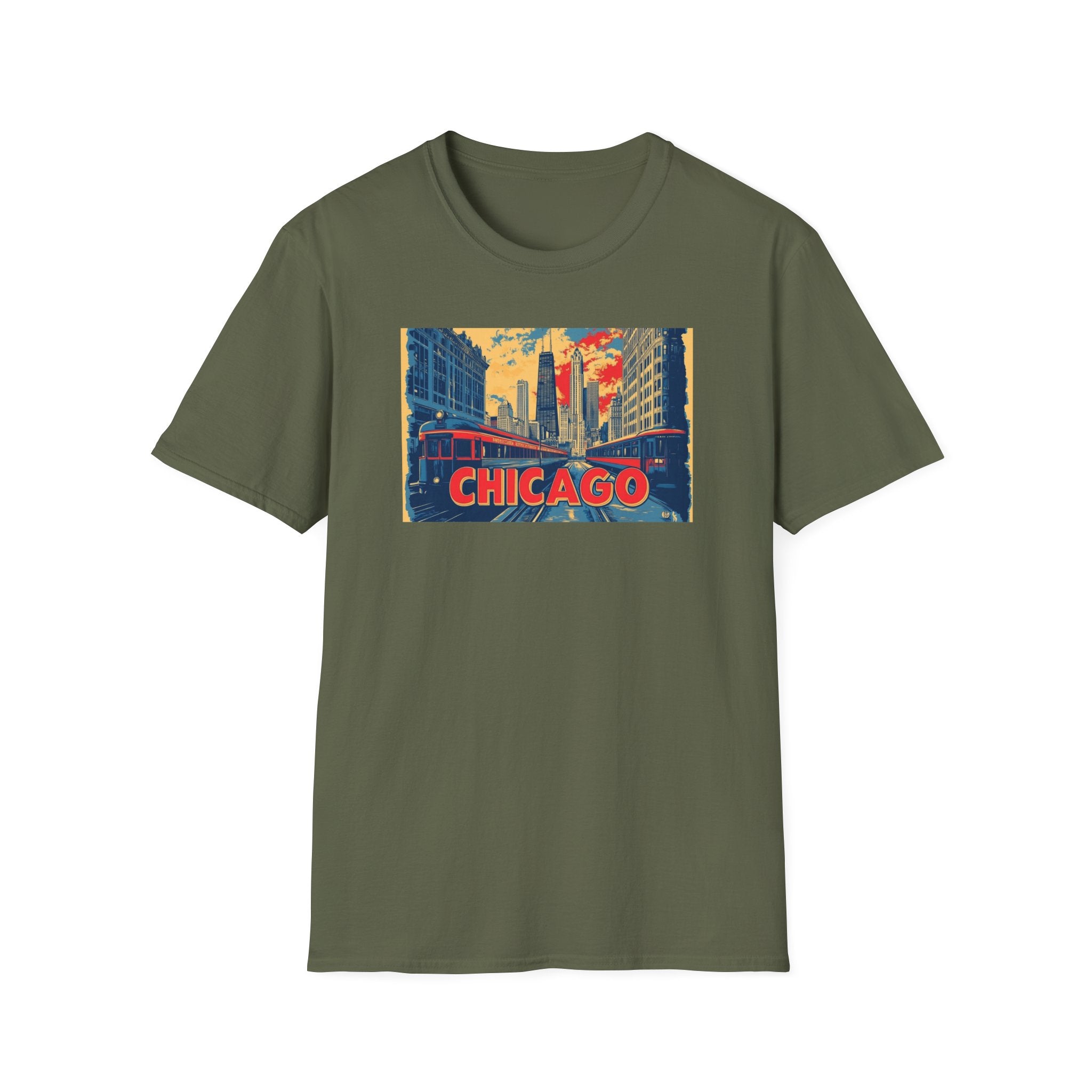 Chicago Cityscape T-Shirt | Vintage Skyline, El Train Poster Style