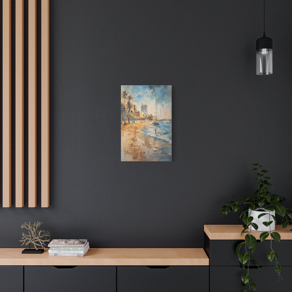 Barcelona Coastal Harbor Beach Stretched Canvas — Seaside Watercolor Wall Art