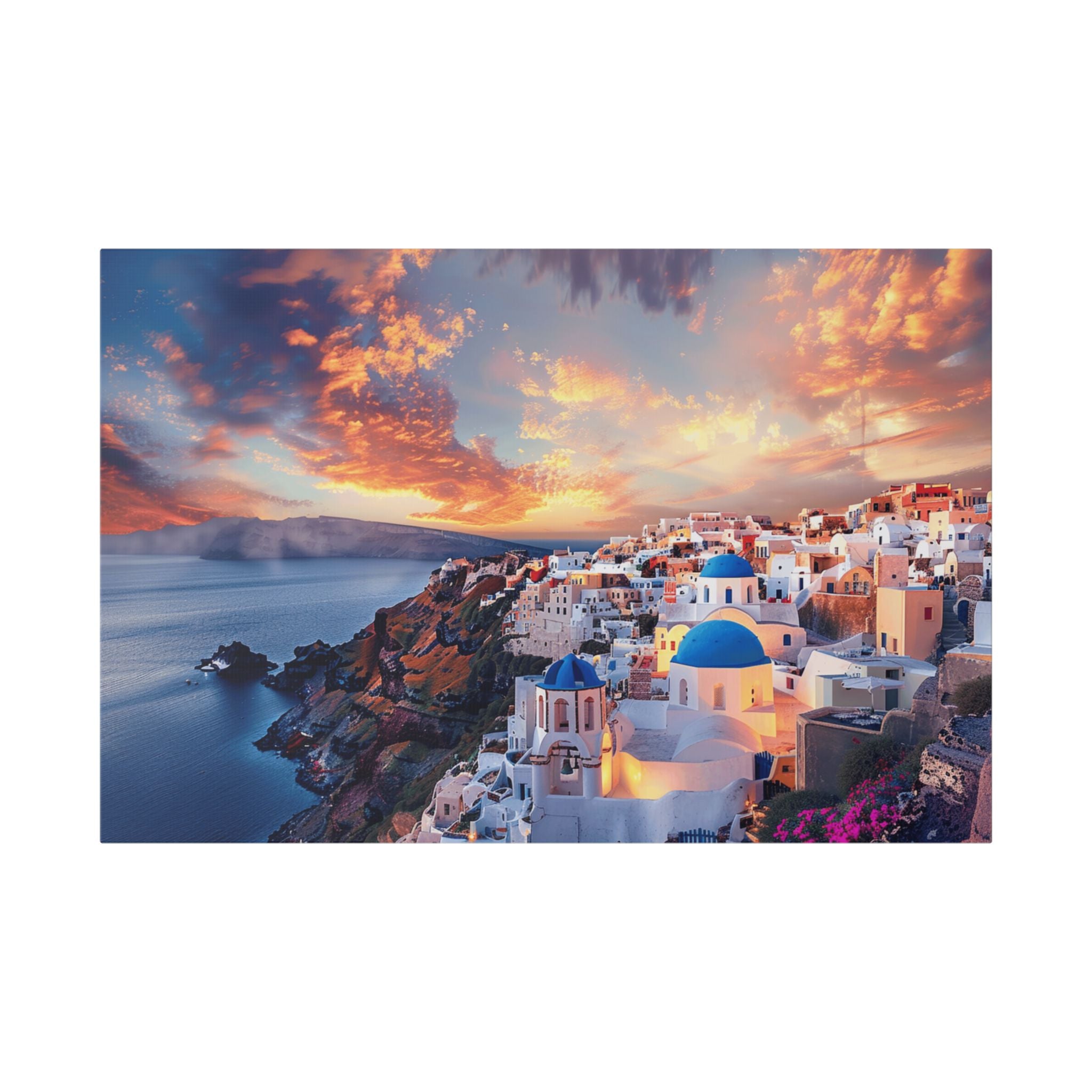 Santorini Sunset Canvas Wall Art — Mediterranean Seaside Landscape Print