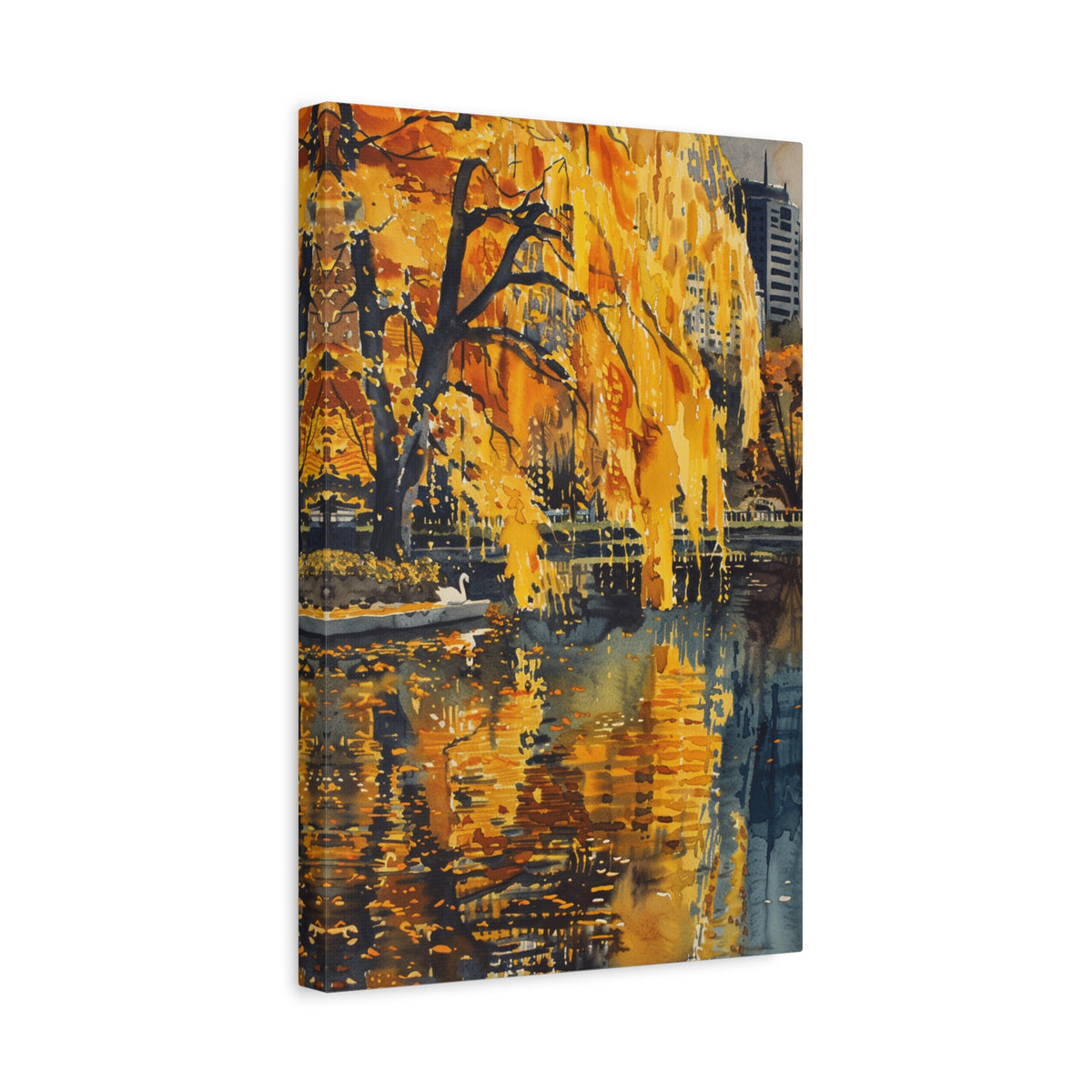 Boston Skyline with Hancock Tower in the background -Autumn Cityscape Canvas - Golden Willow Lake Stretched Wall Art