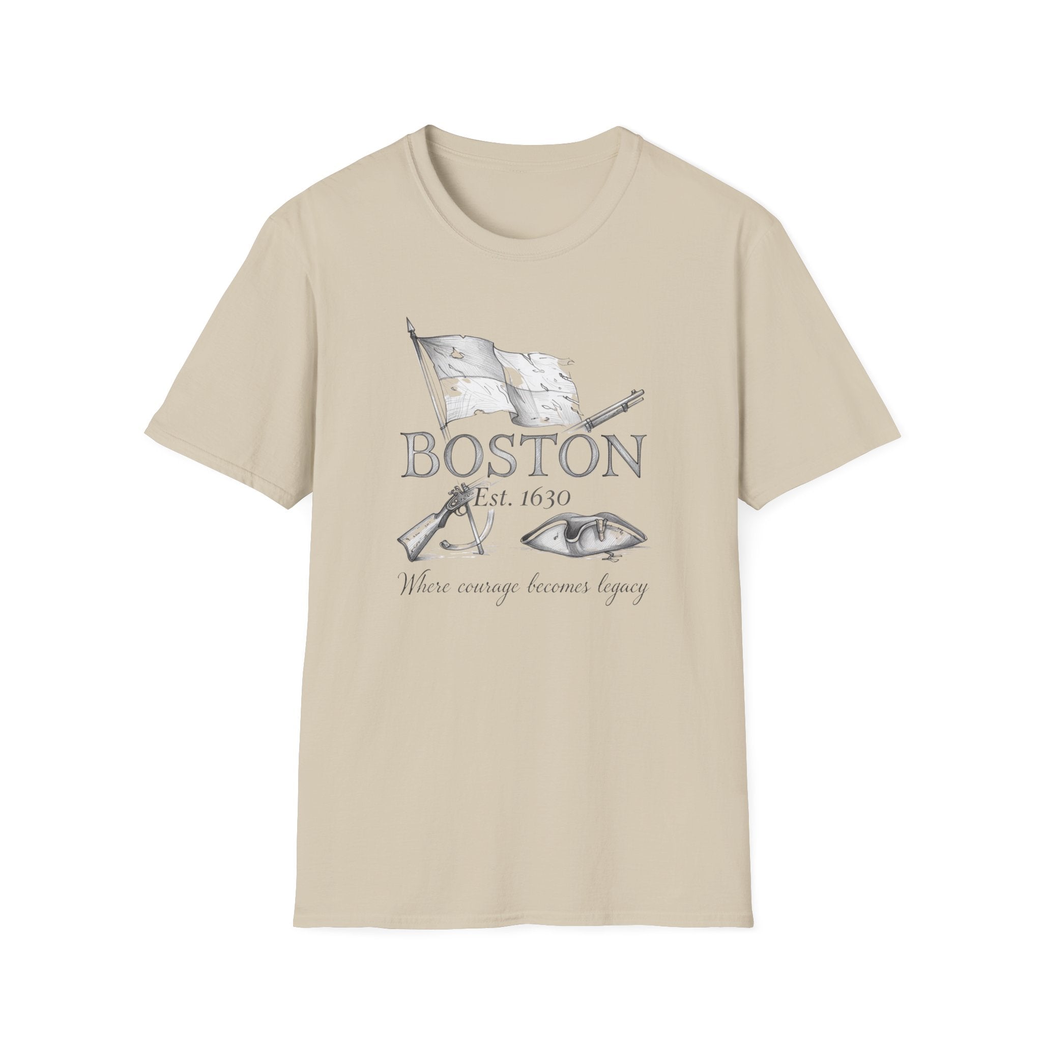 Boston 1630 Heritage T-Shirt — Colonial Flag & Tricorn Design