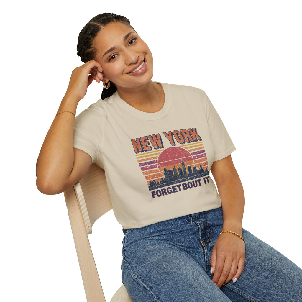New York Skyline T‑Shirt – “Forgetbout It” Vintage Sunset Tee