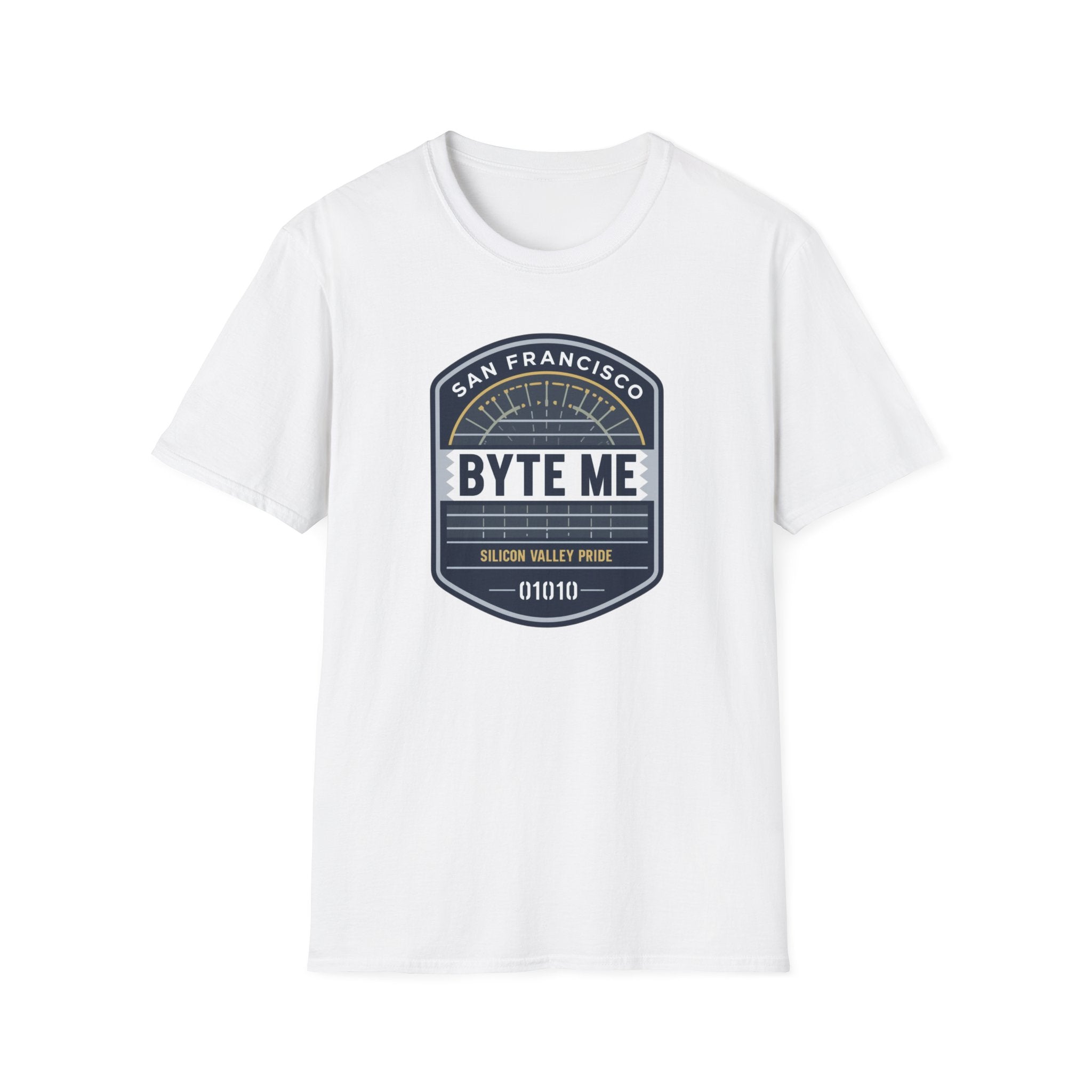 Byte Me San Francisco T-Shirt — Retro Tech Badge Tee (01010)