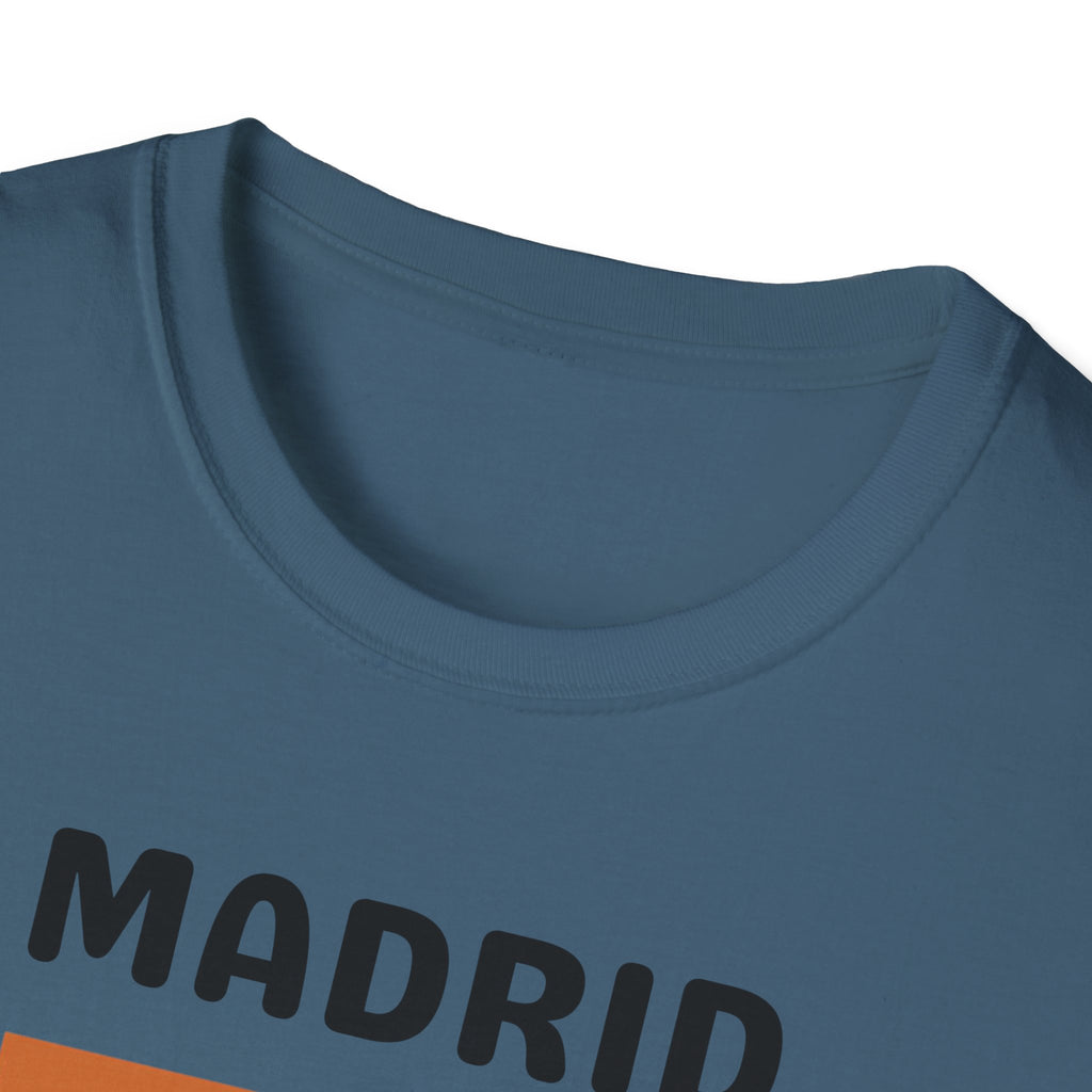 Madrid Retro Stripes T-Shirt | Vintage City Typography, Earth Tone Bars