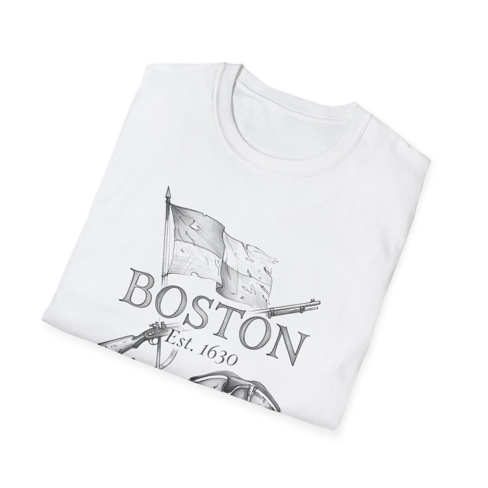 Boston 1630 Heritage T-Shirt — Colonial Flag & Tricorn Design