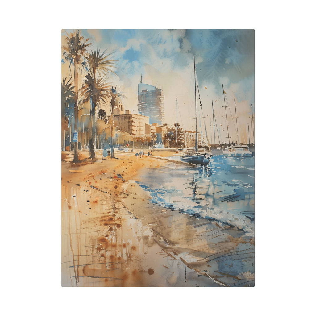 Barcelona Coastal Harbor Beach Stretched Canvas — Seaside Watercolor Wall Art