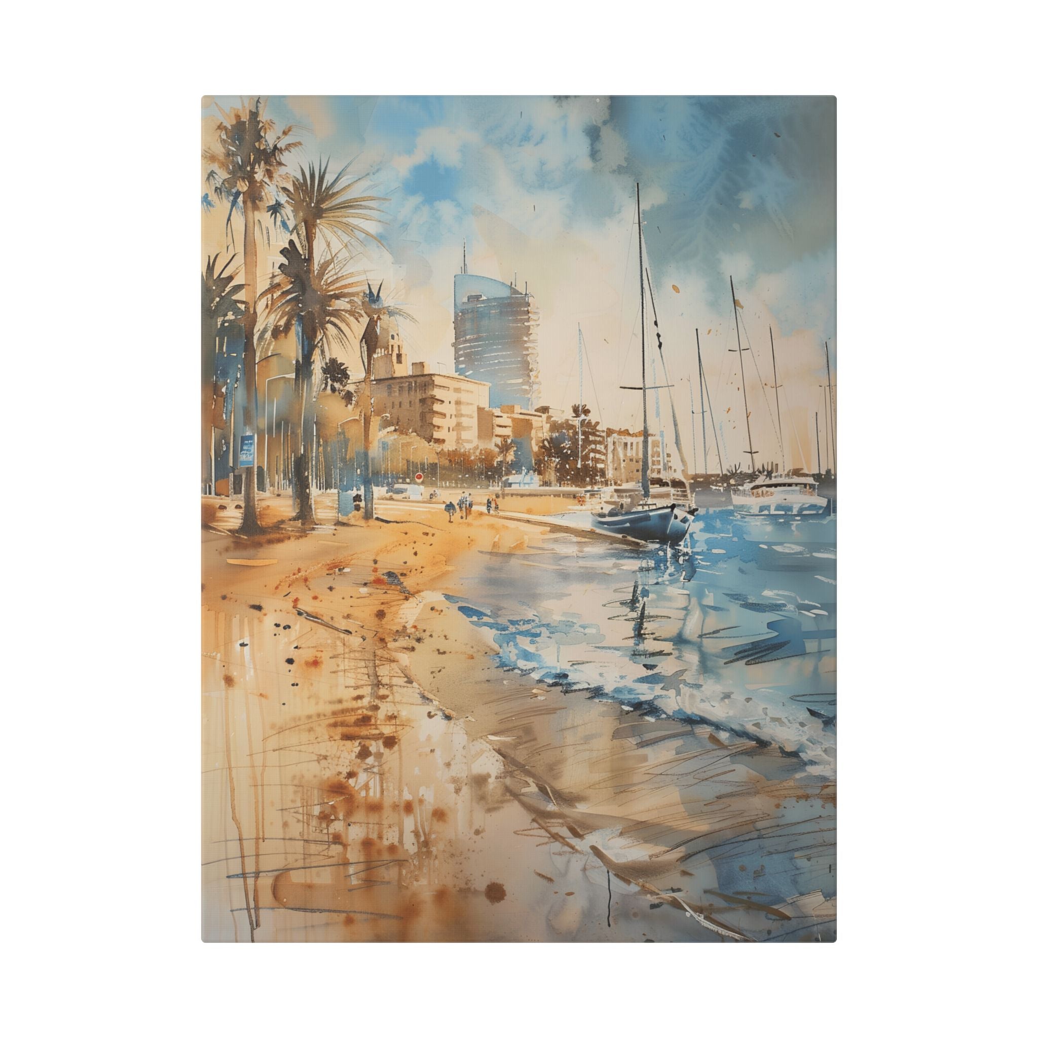Barcelona Coastal Harbor Beach Stretched Canvas — Seaside Watercolor Wall Art