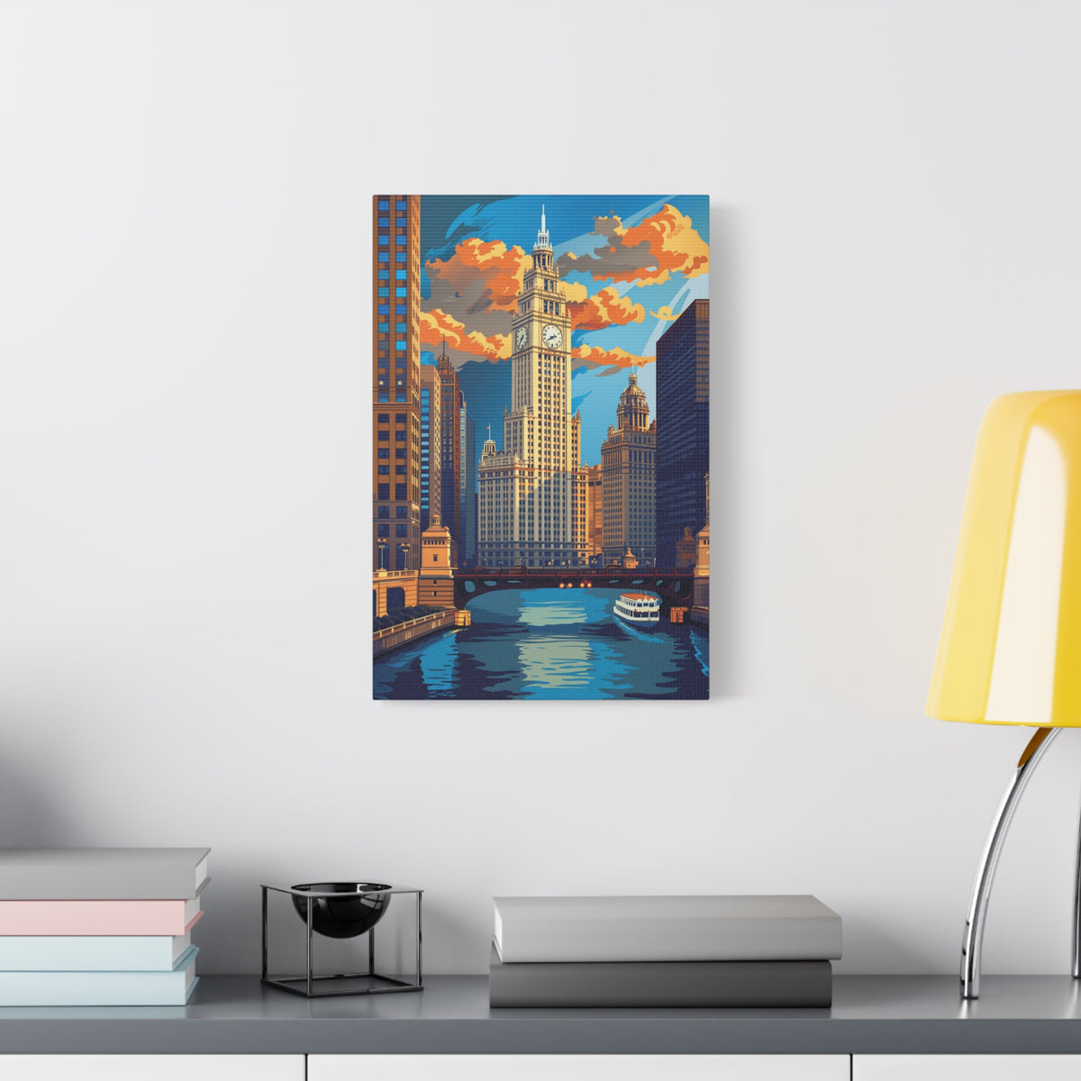Chicago River Skyline Stretched Canvas — Vintage Cityscape Wall Art