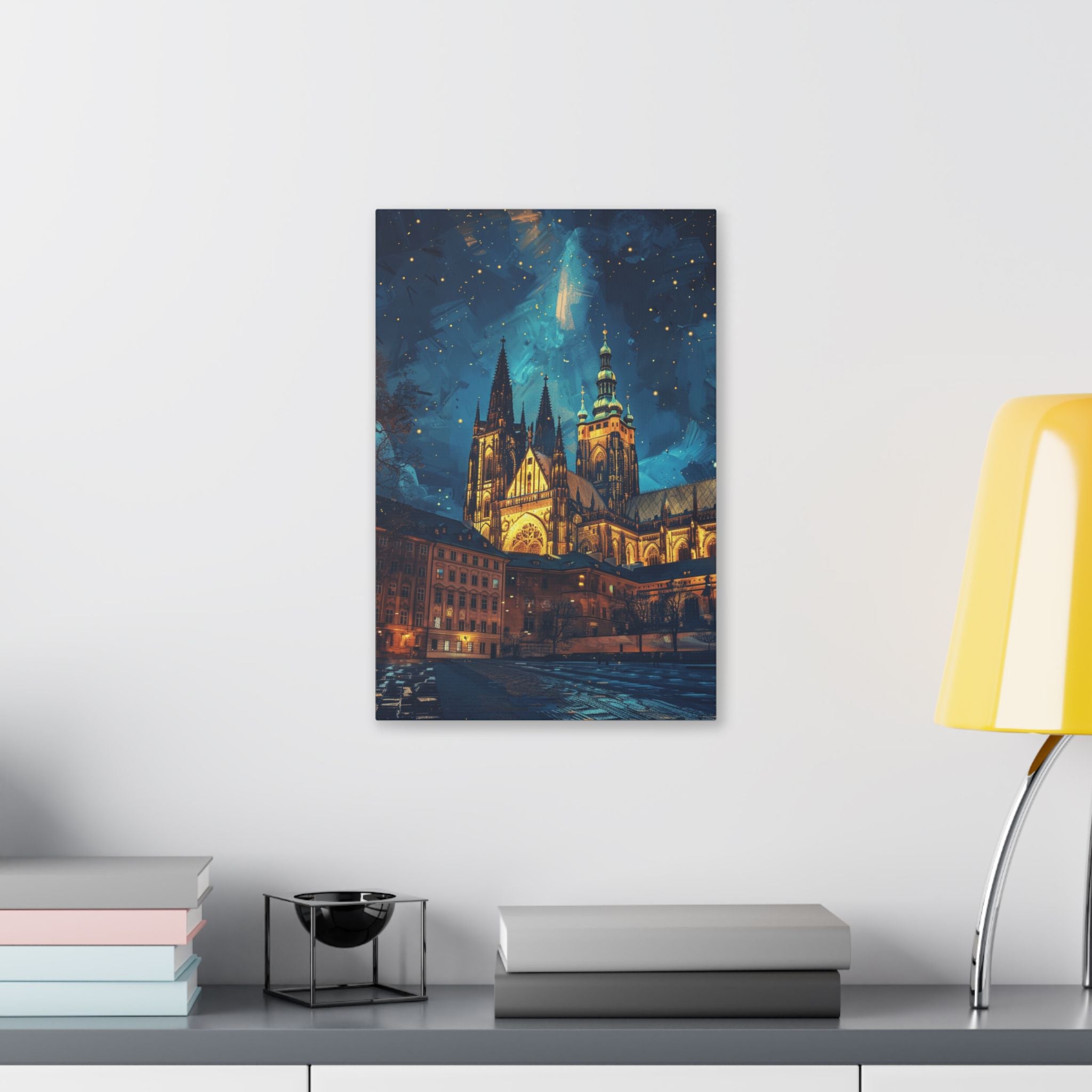 Prague Cathedral Night Skyline Stretched Canvas — Starry Urban Architecture Wall Art