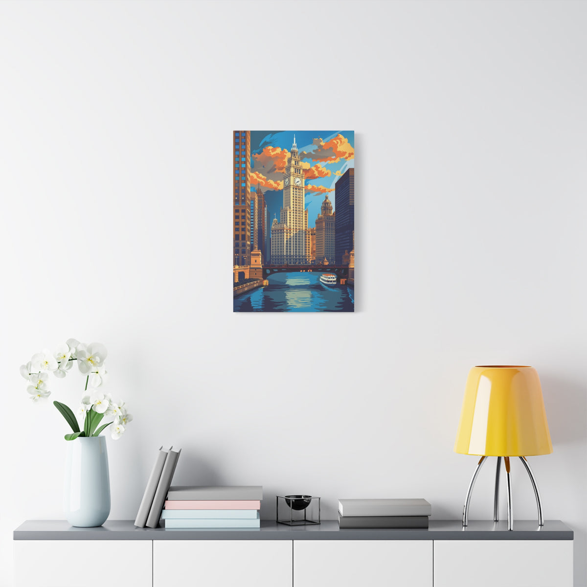 Chicago River Skyline Stretched Canvas — Vintage Cityscape Wall Art