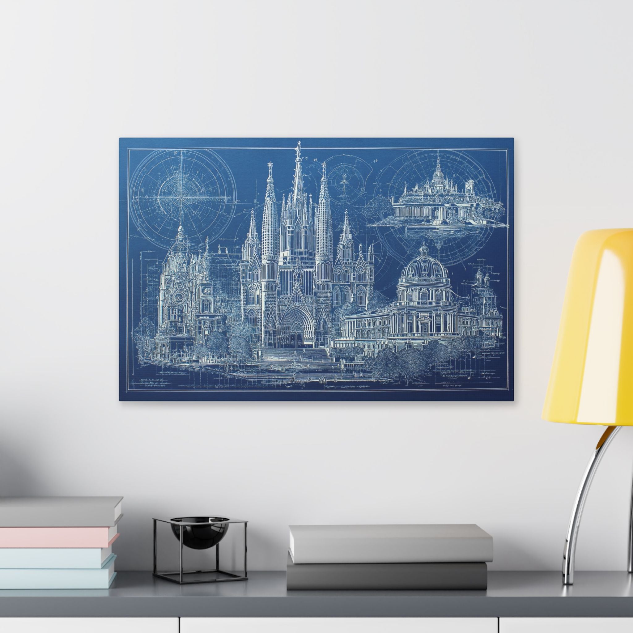 Blueprint Barcelona Canvas Print — Architectural Wall Art, Blueprint / Engraving HORIZONTAL landmarks, Sagrada Família, Park Güell, Casa Batlló