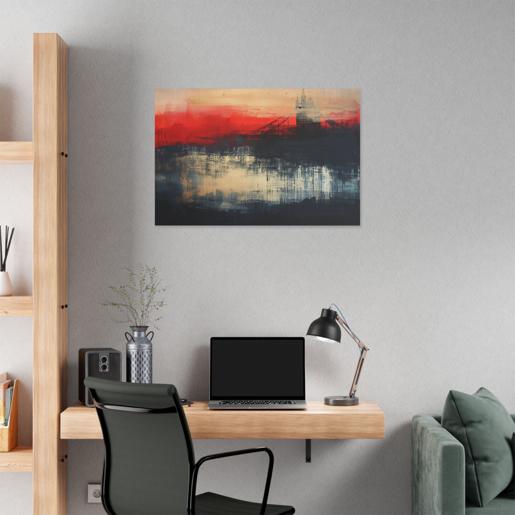 Abstract London Bridge Canvas Wall Art – Red & Navy Stretched Painting