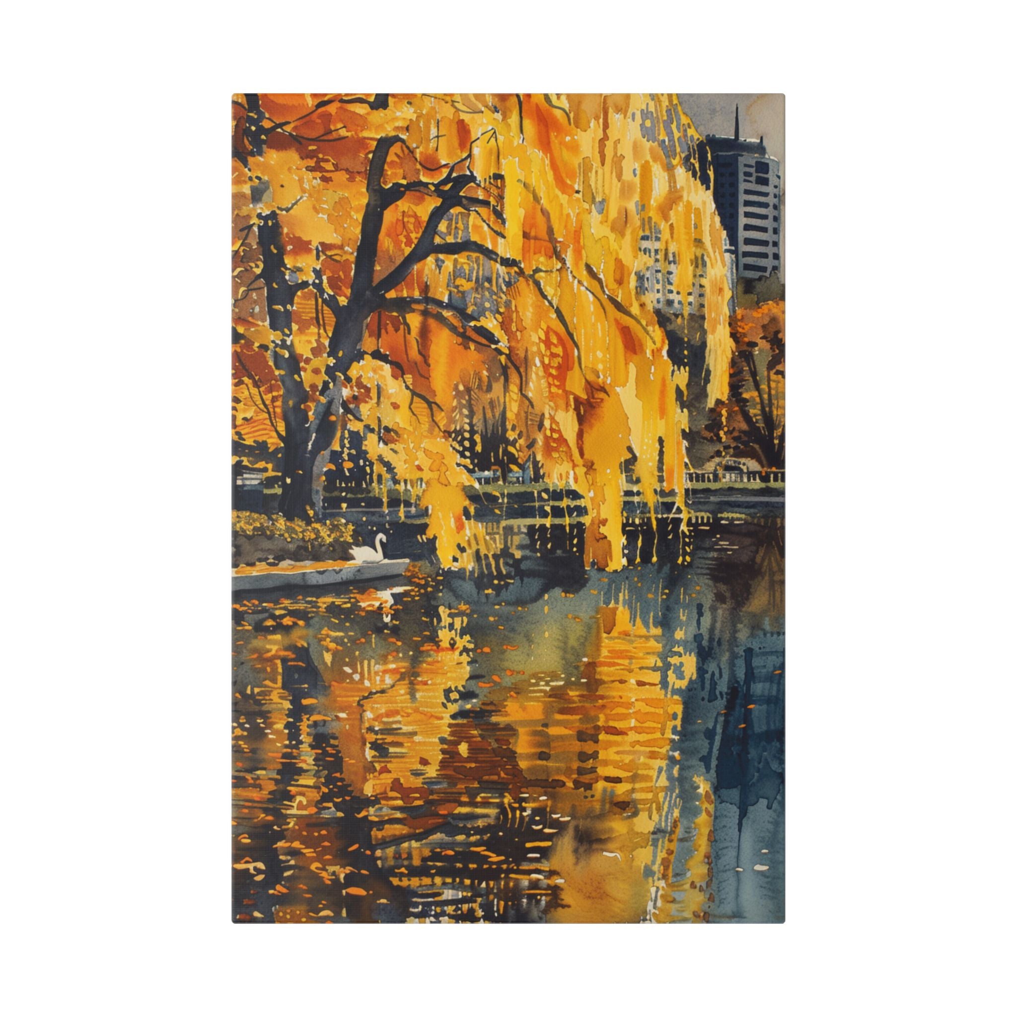 Boston Skyline with Hancock Tower in the background -Autumn Cityscape Canvas - Golden Willow Lake Stretched Wall Art