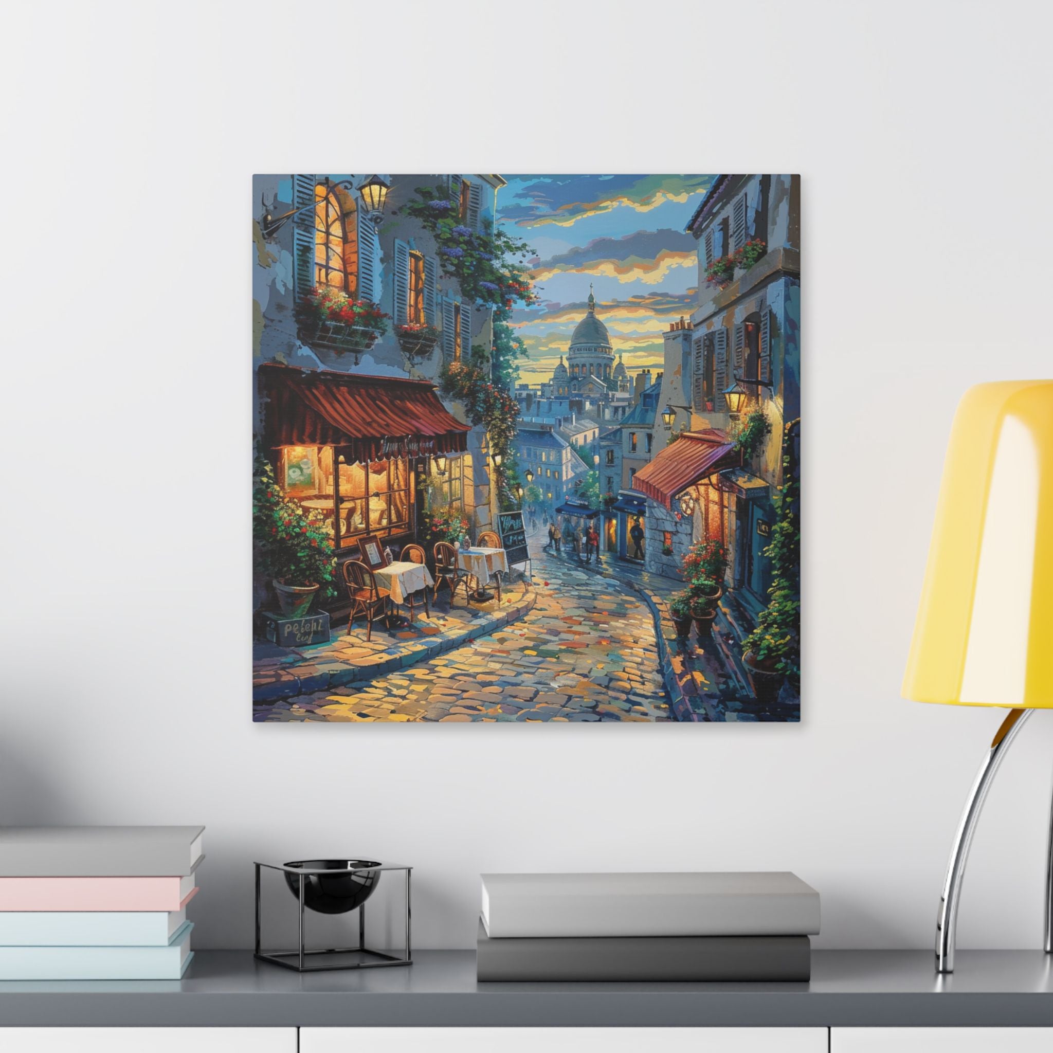 Paris Evening Street Canvas Wall Art — Cozy Café Cityscape Stretched Canvas