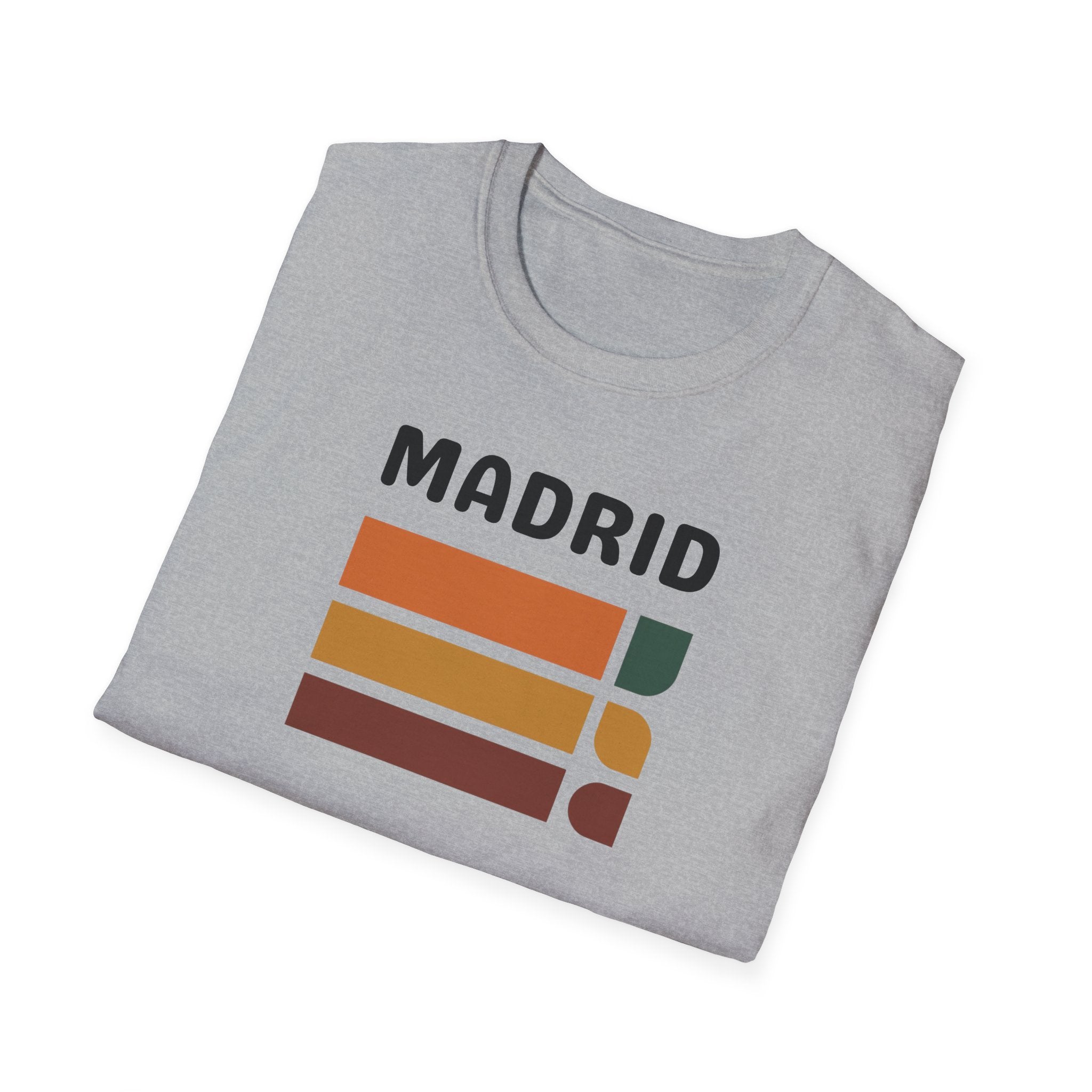 Madrid Retro Stripes T-Shirt | Vintage City Typography, Earth Tone Bars