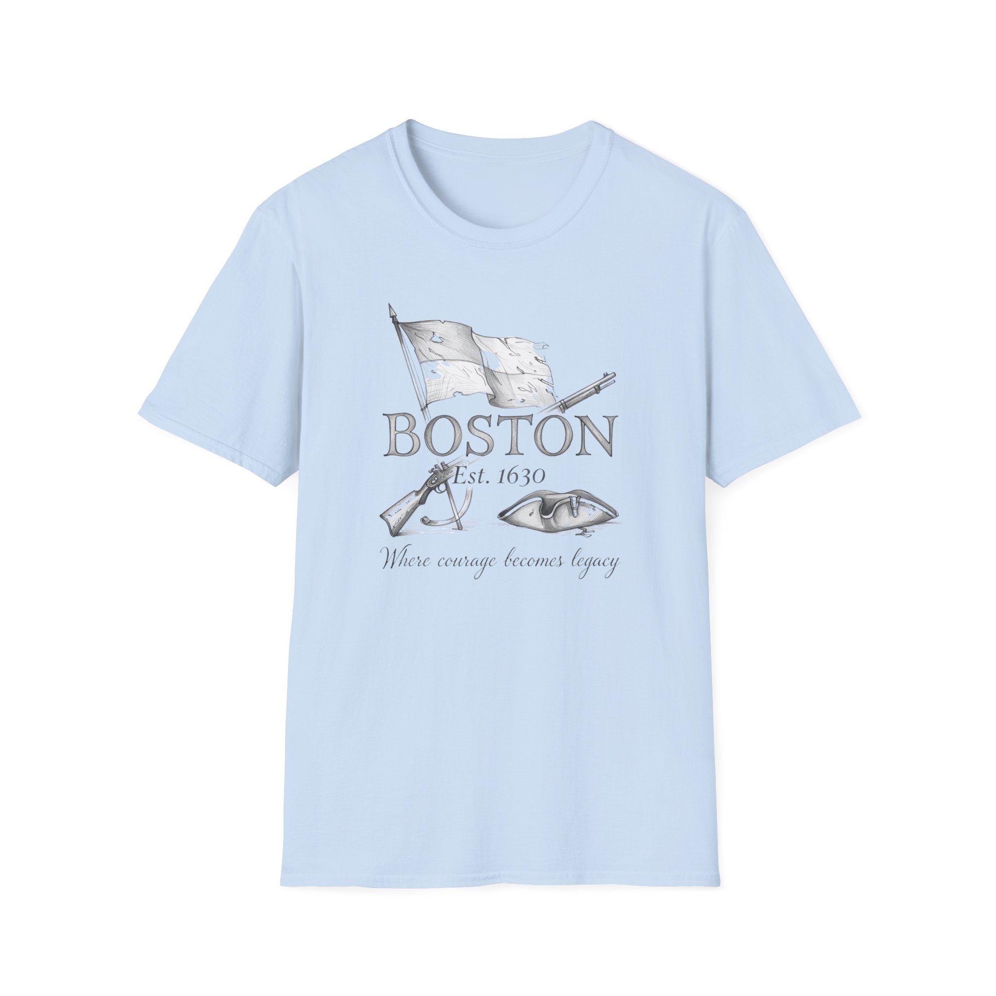 Boston 1630 Heritage T-Shirt — Colonial Flag & Tricorn Design