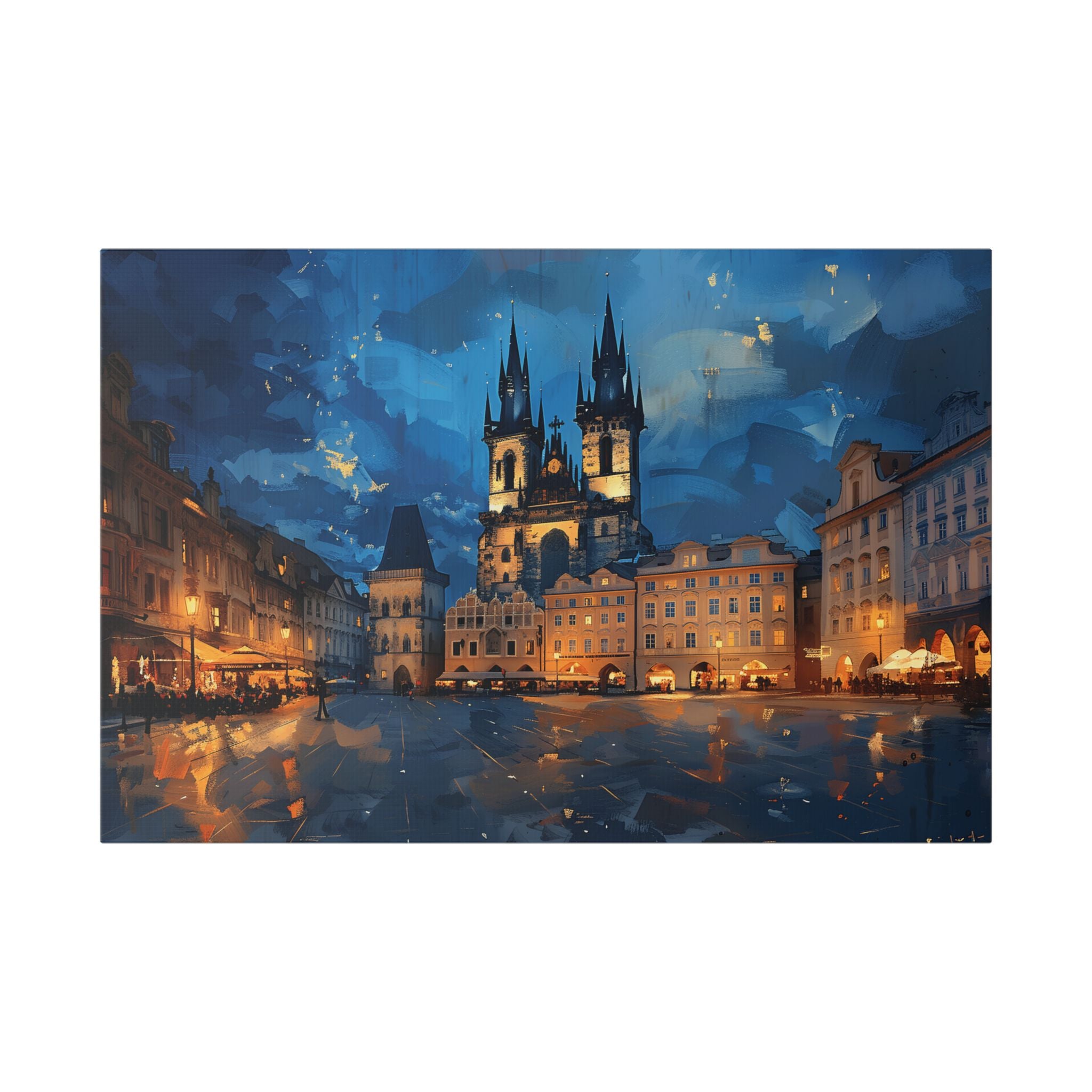Prague Old Town Square Canvas Wall Art — Nighttime Cityscape Stretched Canvas