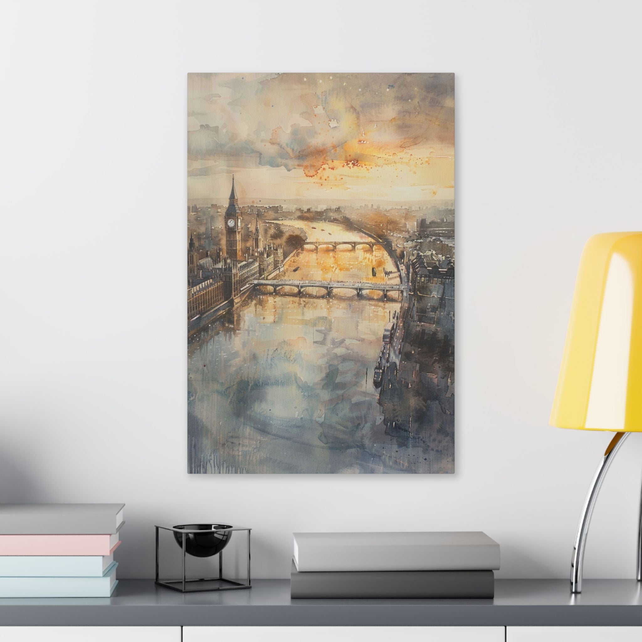 London River Sunset Canvas Print — Watercolor Cityscape Wall Art
