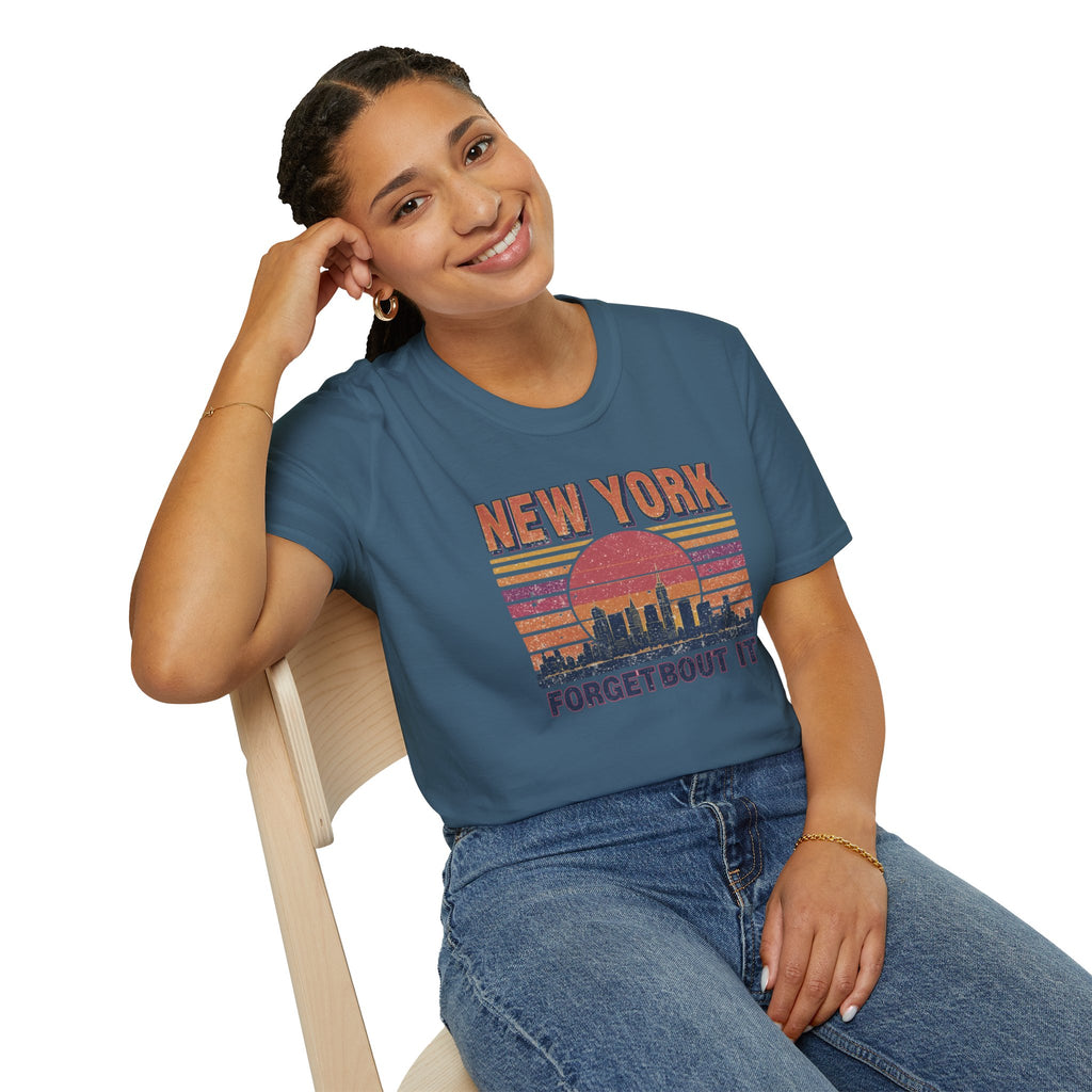 New York Skyline T‑Shirt – “Forgetbout It” Vintage Sunset Tee